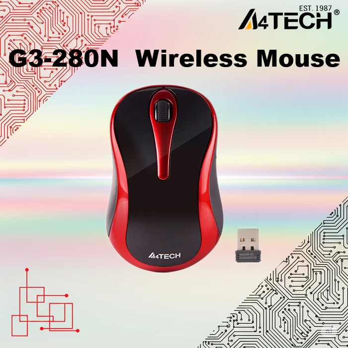 MSW-A4TE-G3-280N A4TECH MOUSE WIRELESS HOLESS BLACK/RED G3280N A4TECH G3-280N Wireless Mouse With 2.4GHz Connection, 1200 DPI Optical Sensor, Silent Click Option, 12-Month Battery Life, 16-In-One Gestures, Nano USB Receiver | RED & BLACK