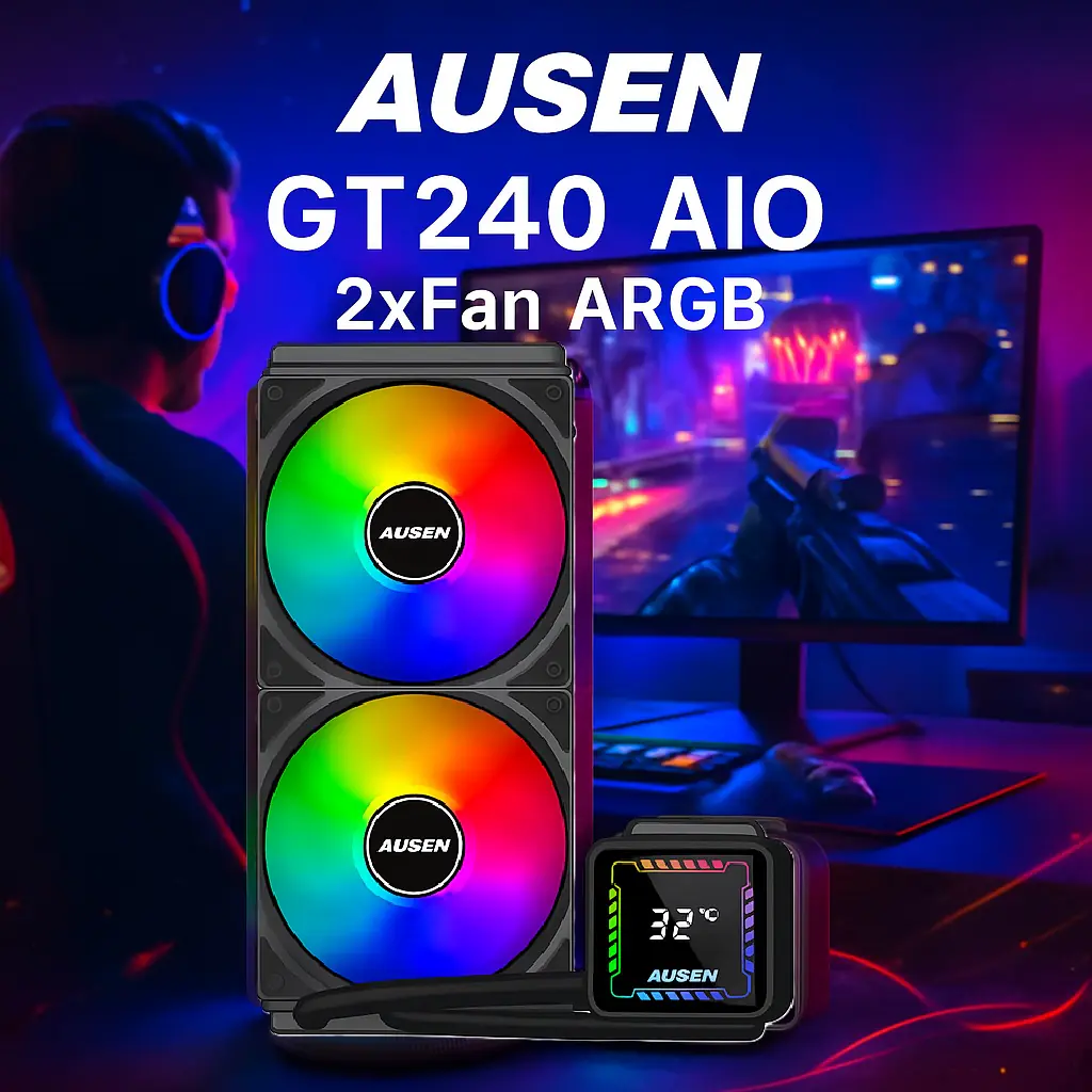 qwrdtyujh AUSEN GT240 AIO 240mm Liquid CPU Cooler – Dual 120mm ARGB Fans, LCD Display, 250W TDP, Copper & Aluminum Build, Multi-Socket Support, 380mm Tubing – Black - Image 1