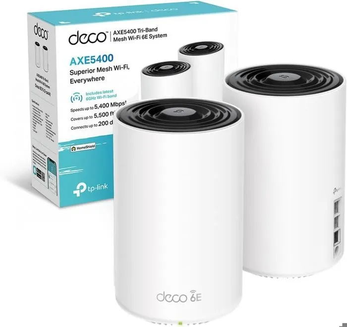 TP-Link Deco XE75 AXE5400 Tri-Band Mesh WiFi 6E System (2-Pack) – Covers 5,500 ft², 5400 Mbps Speed, 6 GHz Band, AI-Driven Mesh, 200 Devices, 3× Gigabit Ports, HomeShield Security