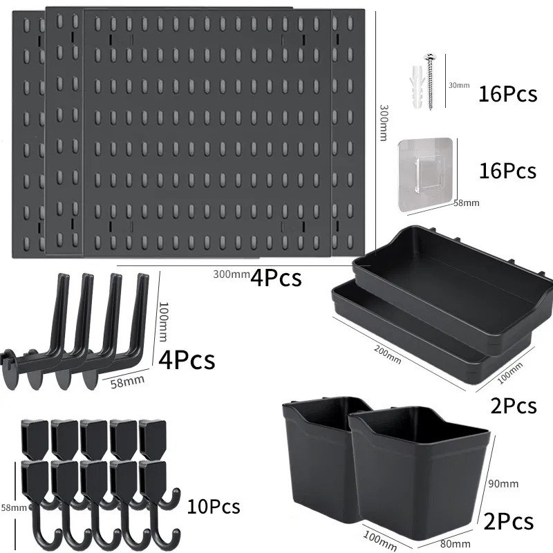 Hyde Pegboard Wall Organizer Set – 4 Black Panels 30x30cm | Includes 56 Accessories: Hooks, Bins, Trays & Controller Holders | Modular Storage for Office, Gaming, or Home