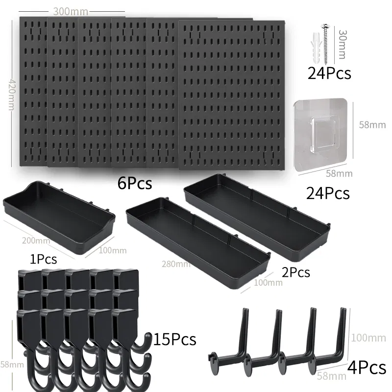 Black Pegboard Wall Organizer Set of 6 Panels (40×32 cm) | Includes Hooks, Bins, Shelves & Tool Holders | Durable, Customizable Storage for Garage, Workshop, Office, or Kitchen