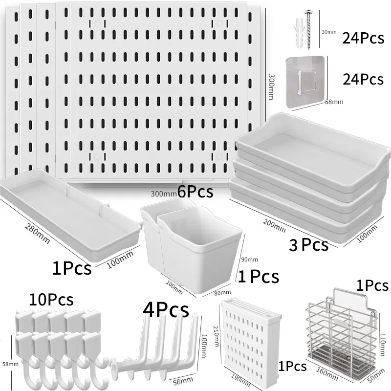 6-Piece White Pegboard Wall Organizer Set (30x30 cm) | Includes Hooks, Brackets & Shelves | Durable, Customizable Storage for Garage, Office, Kitchen, or Craft Room