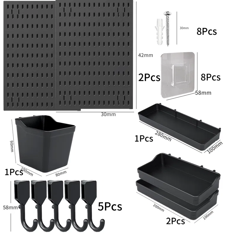 Pegboard Wall Organizer Set of 2 Black Long | No-Drill Adhesive Panels with Hooks & Bins | Durable Plastic Storage for Kitchen, Office, Dorm, or Home