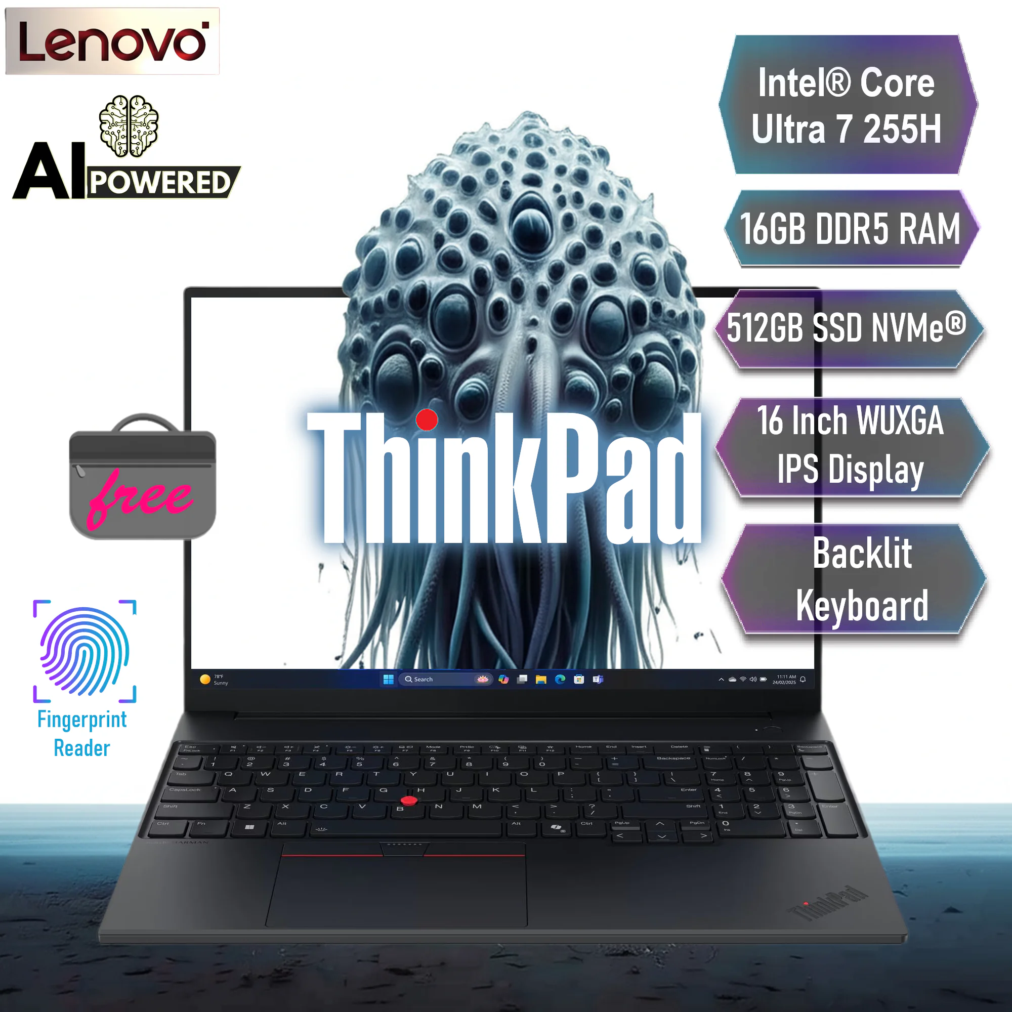 21SR0017GQ-LENOVO-AI-PC-ThinkPad-E16-Gen-3-Intel®-Core-Ultra-7-255H LENOVO AI PC ThinkPad E16 Gen 3 Intel® Core Ultra 7 255H with AI Boost, up to 13 TOPS | 16GB DDR5 RAM , 512GB SSD NVMe® | 16 Inch WUXGA IPS Display | Backlit Keyboard | DOS | Lenovo® Top loader Bag Incl. | Carbon Black - Image 1