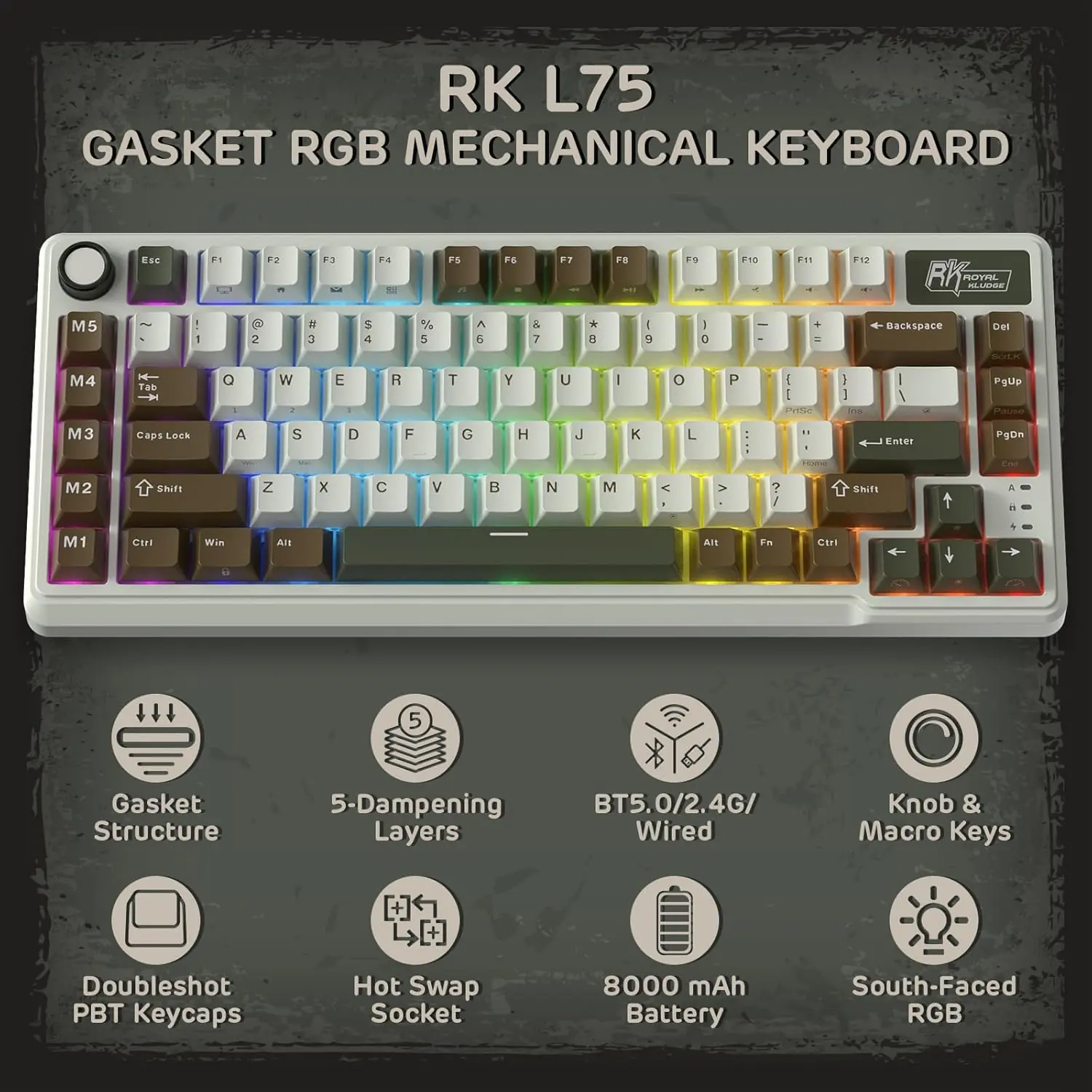 ROYAL KLUDGE RK L75 73-Key Tri-Mode Mechanical Keyboard With Beige Switches, Palm Green RGB, Gasket Mount, Touchable Nameplate, Macro Keys, Volume Knob, 8000mAh