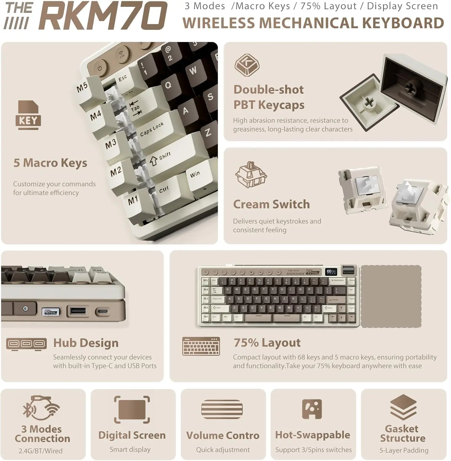 ROYAL KLUDGE RK M70 73-Key Tri-Mode Mechanical Keyboard With Cream Linear Switches, RGB Backlight, Macro Keys, Display, Volume Knob, Hot-Swappable, 6000mAh Battery