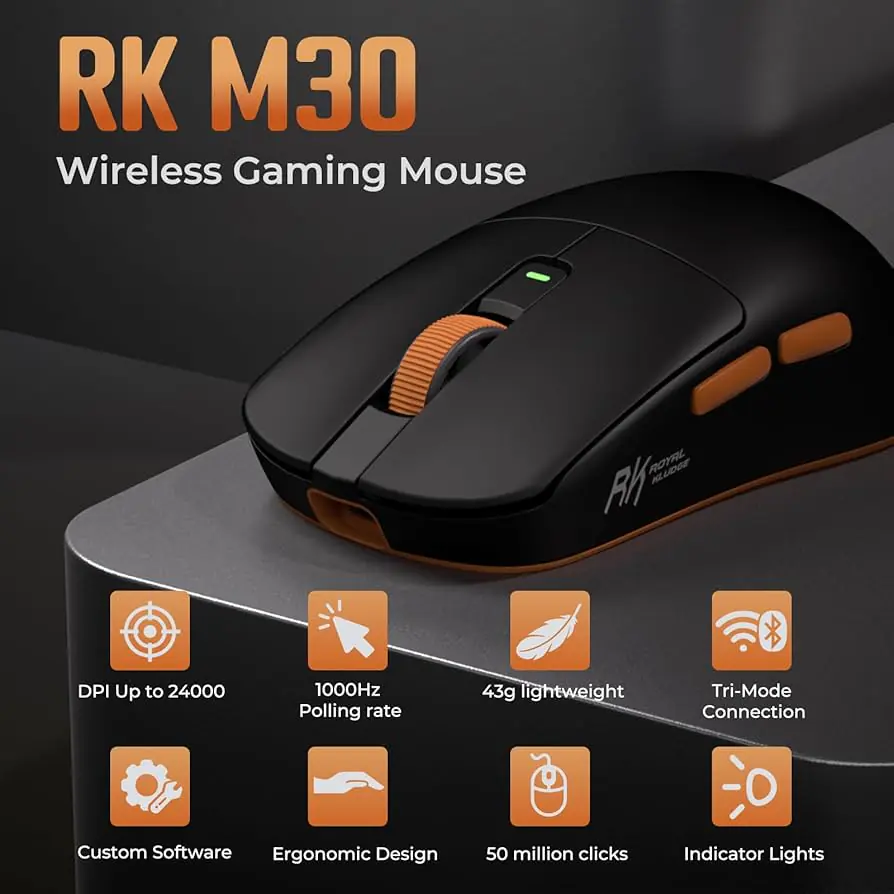 RK ROYAL KLUDGE M30 Tri-Mode Gaming Mouse Huannuo Black Orange 12000 DPI PixArt PAW3311 Sensor, 41g Lightweight, 1000Hz Polling, Fully Programmable Buttons, Wireless/USB-C/Bluetooth