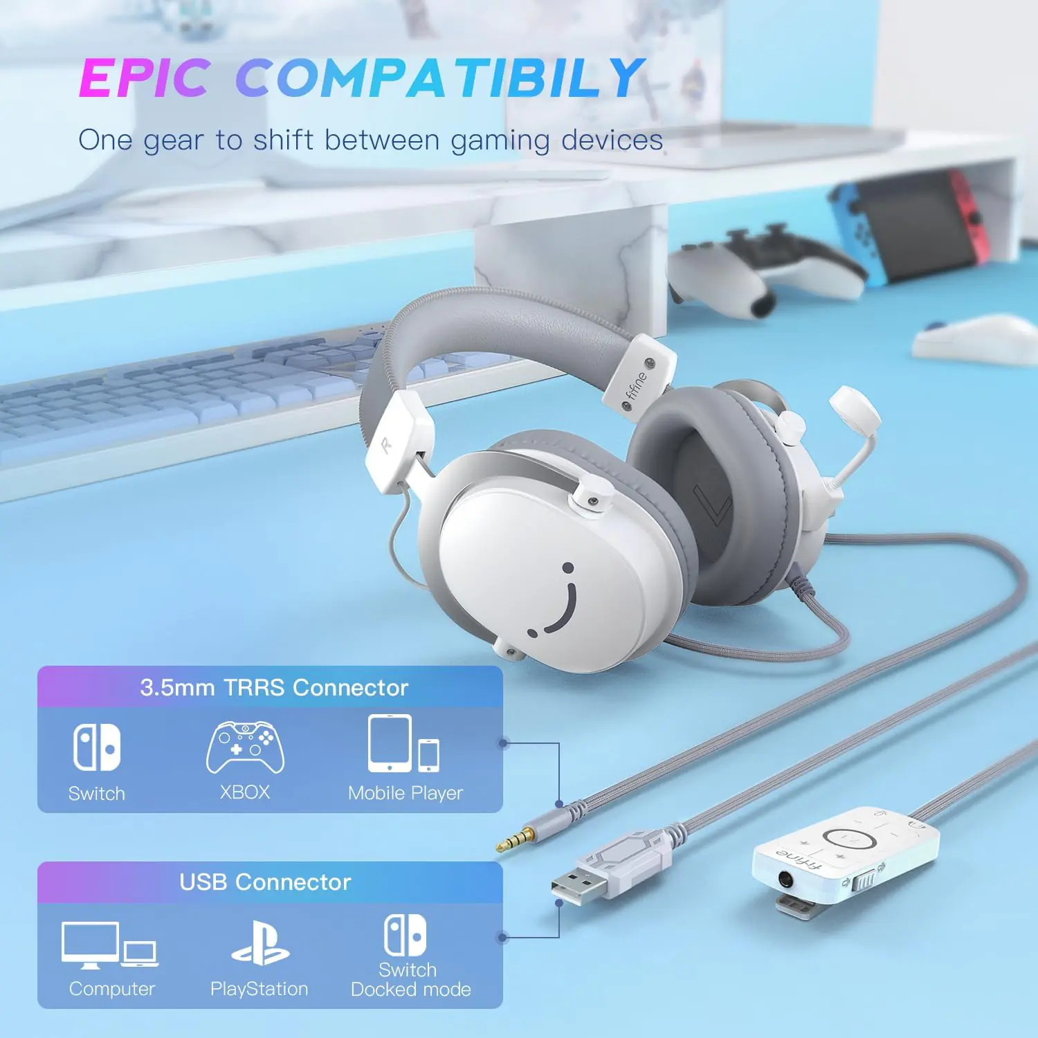 FIFINE AmpliGame H9 Gaming Headset White – 7.1 Surround Sound, 3.5mm + USB Dual Connectors, Detachable Mic, Noise Canceling, Over-Ear Comfort, PC/PS5/Xbox/Switch