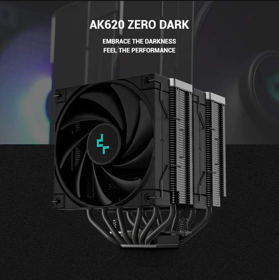 R-AK620-BKNNMT-G-1 DEEPCOOL AK620 ZERO DARK AIR COOLER LGA2066 BLACK DeepCool Ak620 Zero Dark CPU Cooler Dual-Tower 6 Copper Heatpipes 120mm Fdb Fans 500-1850 Rpm 68.99 Cfm 260w Max Dissipation Intel Lga Am4 Am5 | BLACK
