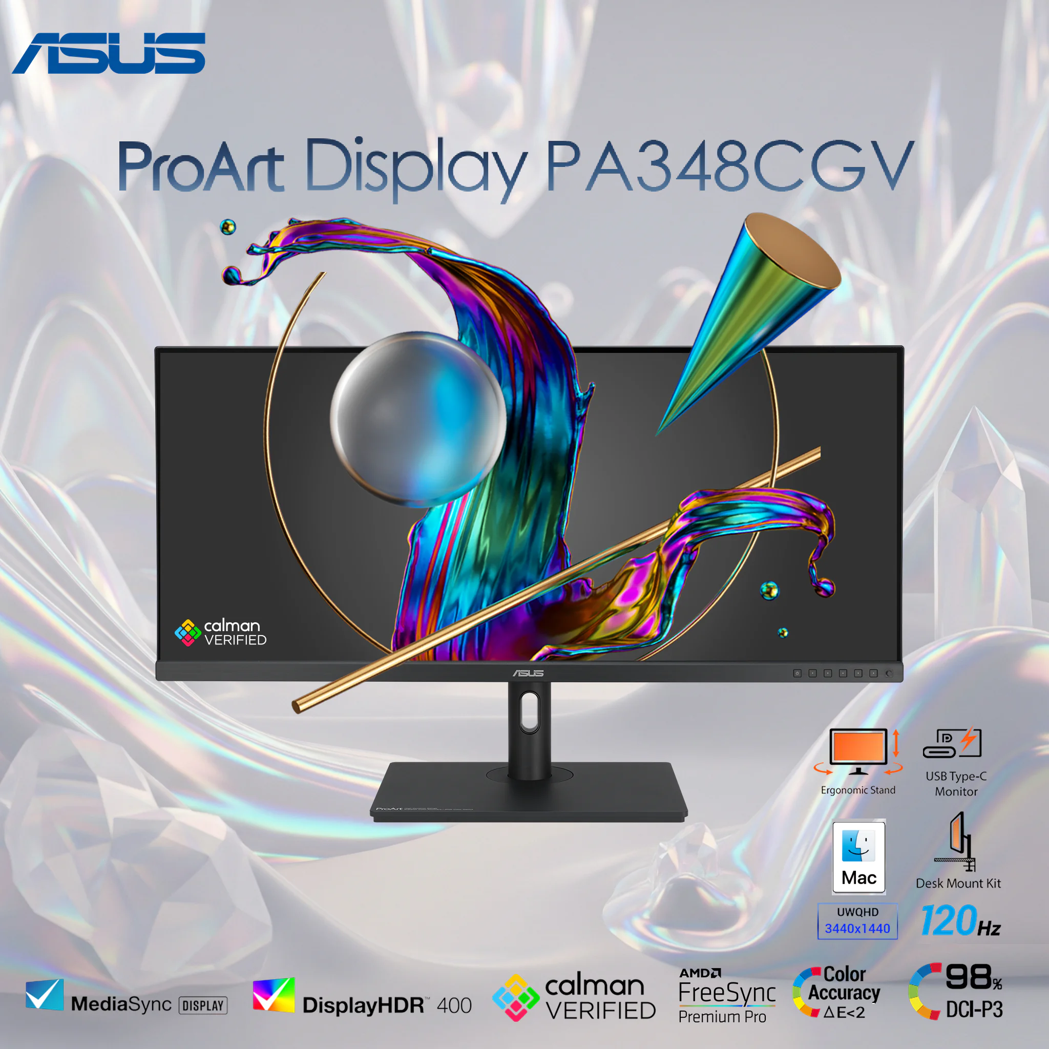 PA348CGV  ASUS PROART PA348CGV 34" IPS WQHD 120Hz VRR MONITOR 9J.5KB5B.CF4 ASUS ProArt Display PA348CGV – 34-Inch Ultra-Wide QHD 3440x1440 IPS Monitor, 120Hz FreeSync Premium Pro, 98% DCI-P3, ΔE < 2, HDR400, USB-C 90W PD, Ergonomic Stand | BLACK