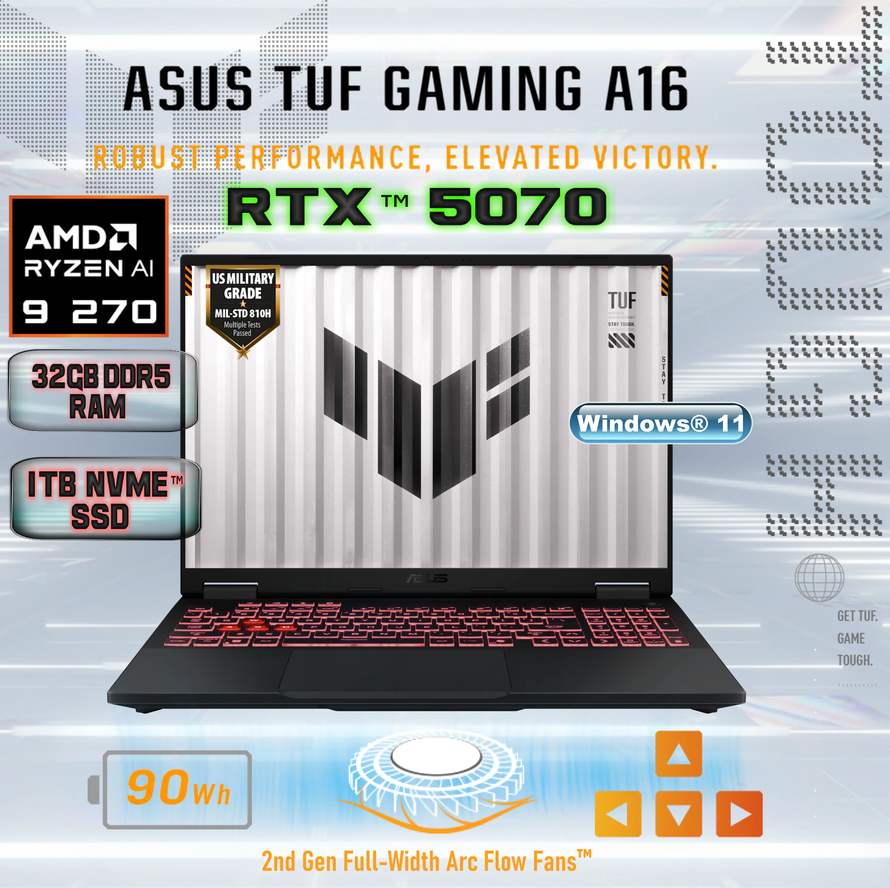 90NR0KT1-M00400 ASUS GAMING TUF A16 FA608 RYZEN 9-270 /32GB DDR5/ 1TB/16.0 WUXGA/RTX5070,8GB/WIN11 JAEGER ASUS TUF Gaming A16 FA608UP AMD Ryzen™ 9 270 Processor | 32GB DDR5 RAM ; 1TB PCIe SSD | RTX™ 5070 , 8GB | 16-inch FHD+ 165Hz IPS Display |  1-Zone RGB Backlit Chiclet Keyboard | Windows 11 | JAEGER GRAY 
