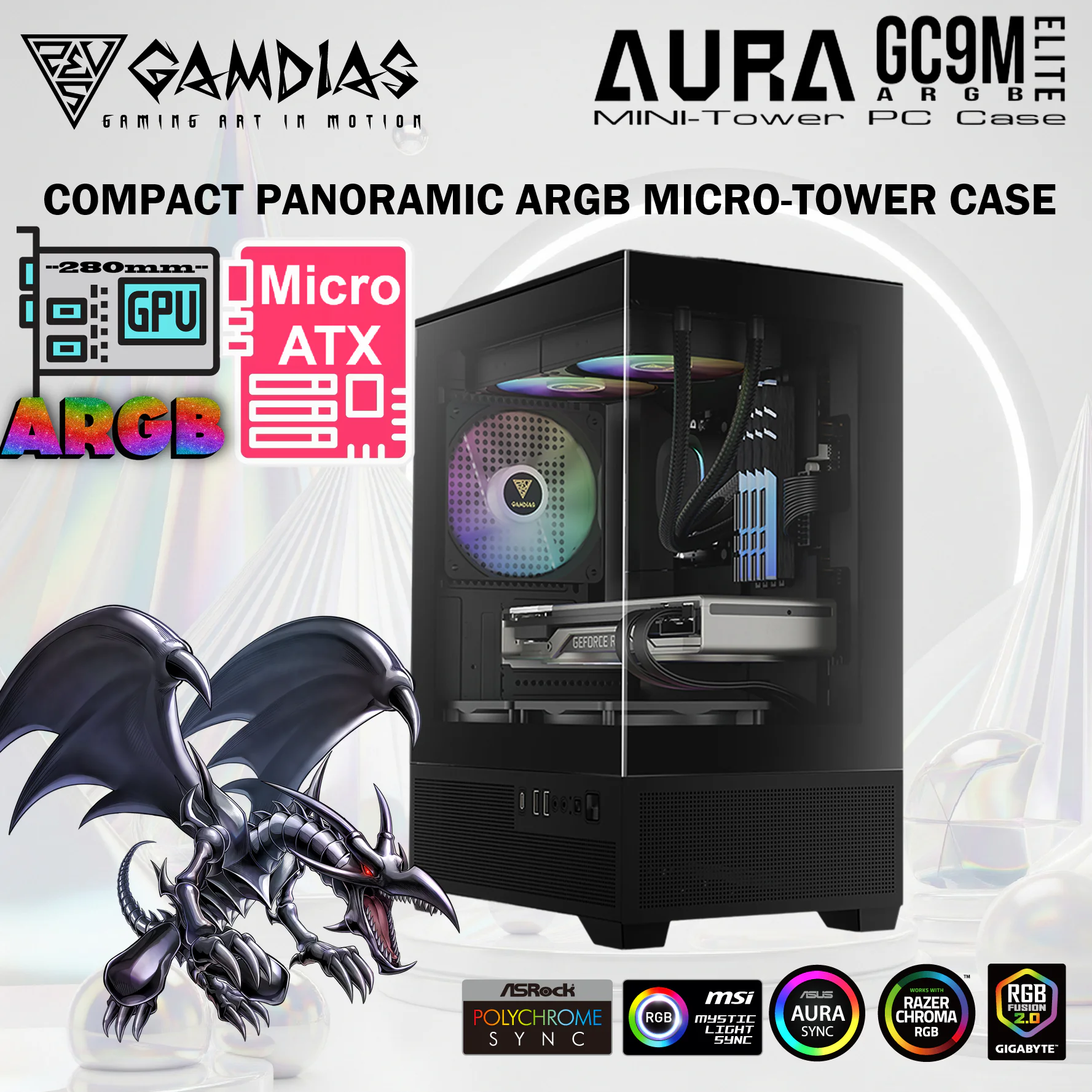 AURA-GC9M-ELITE-AR-B GAMDIAS CASE AURA GC9M ELITE ARGB MICRO TOWER M-ATX TG / ARGB 3xFAN 120mm BLACK Gamdias AURA GC9M Elite ARGB Compact Micro-Tower Case With Panoramic Tempered Glass, 3 Built-In 120mm ARGB Fans, Tool-Free Installation, PSU Chamber, And Mini-ITX / Micro-ATX Support | BLACK