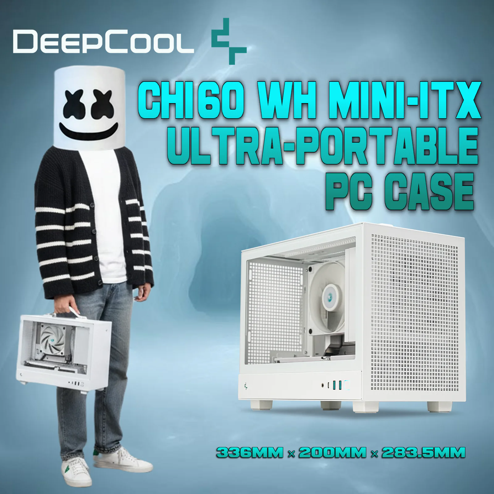 R-CH160-WHNGI0-G-1 DEEPCOOL CASE CH160 MINI-ITX WHITE DeepCool CH160 WH Mini-ITX Case with Tempered Glass ; Ultra-Portable High-Airflow Design ; Supports 172mm CPU Coolers ; 3-Slot GPU ; ATX/SFX PSU Compatible ; Type-C & Carry Handle | WHITE