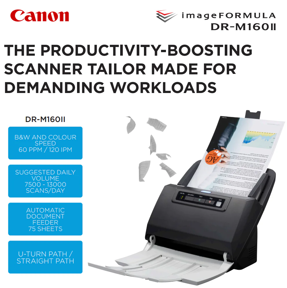 DR-M160 II DOCUMENT SCANNER DRM160II Canon imageFORMULA DR-M160II Desktop Sheet Fed Scanner With 120ipm Duplex Scanning, 75-Sheet ADF, 600dpi Optical Resolution, USB 2.0 Interface, Windows & Mac Compatible | DR-M160II