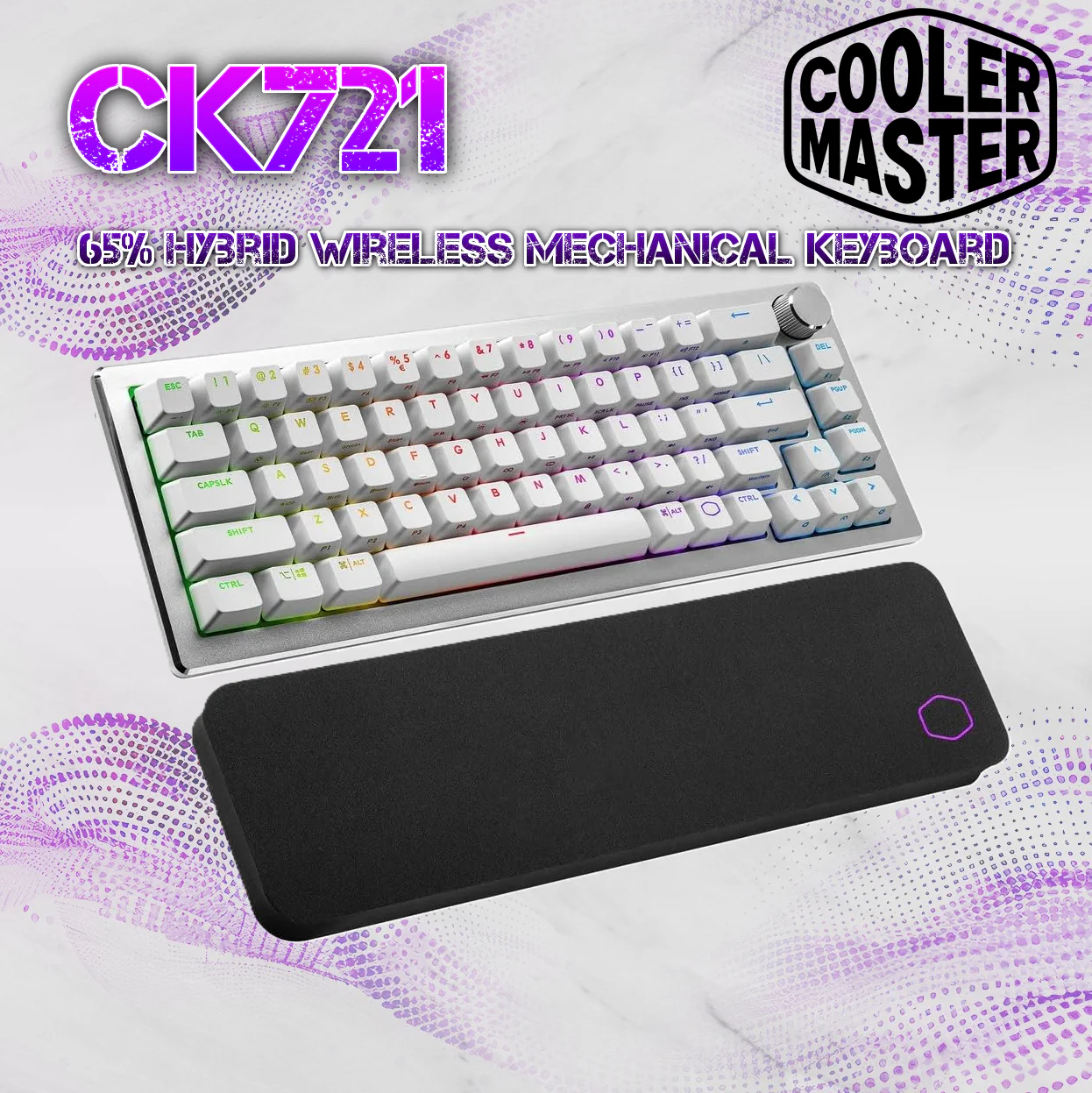 CK-721-SKTM1-US COOLER MASTER CK721 65% HYBRID WIRELESS MECHINICAL KEYBOARD WHITE Cooler Master CK721 65 Percent Hybrid Wireless Mechanical Gaming Keyboard with Brown Switches , RGB , 3 Way Dial , Ergonomic Wrist Rest , Aluminum Compact Design | WHITE SILVER 
