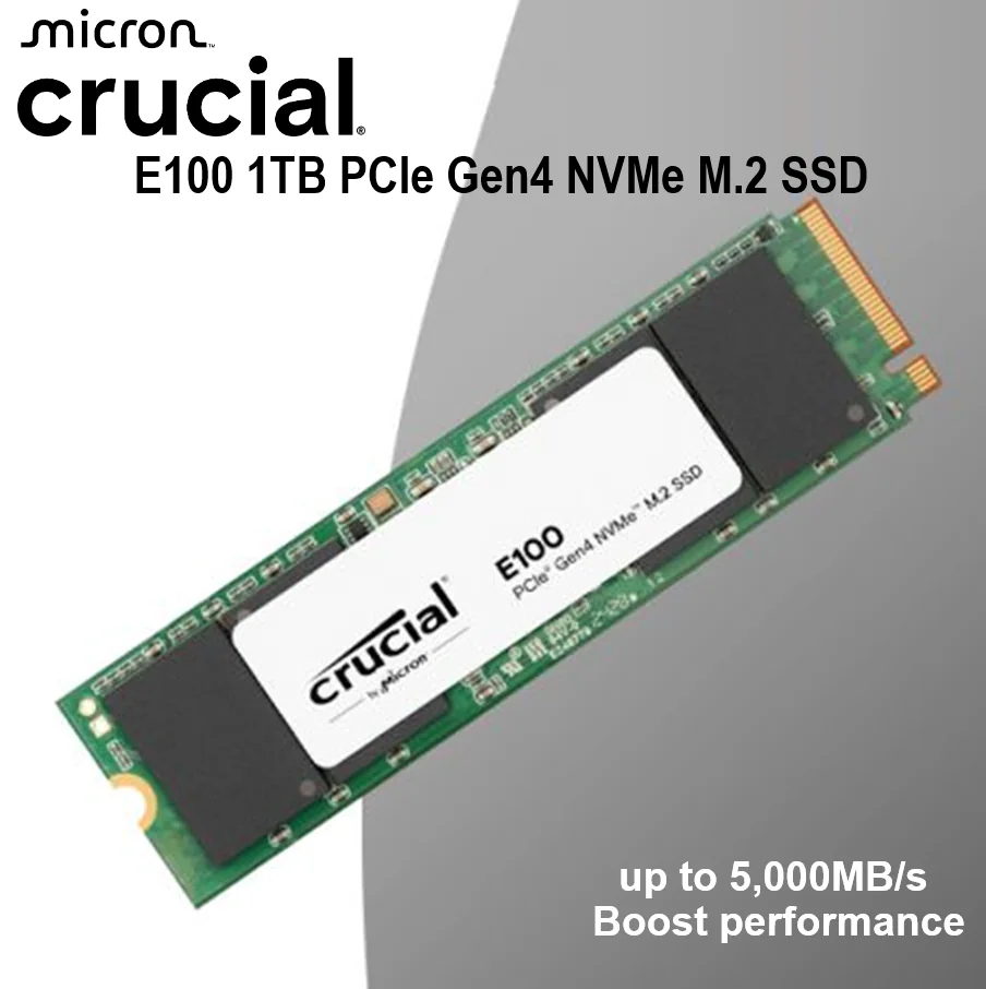 CT1000E100SSD8 CRUCIAL E100 NVME 1TB 5000MB/S Crucial E100 1TB PCIe Gen4 NVMe M.2 SSD – 5000MB/s Read, 4500MB/s Write, 80TBW Endurance, Backward Compatible With Gen3, Solid-State Reliability 