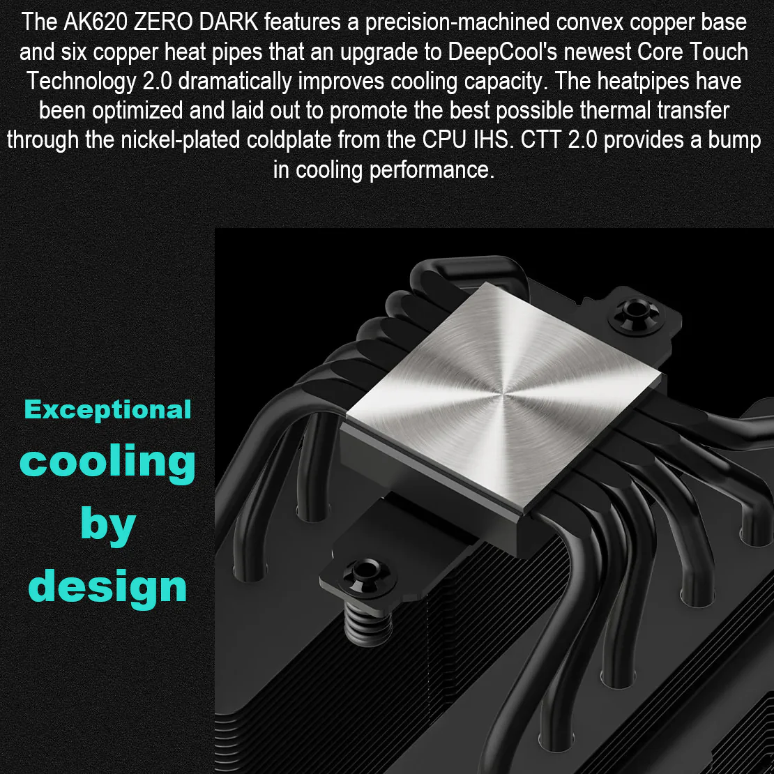 R-AK620-BKNNMT-G-1 DEEPCOOL AK620 ZERO DARK AIR COOLER LGA2066 BLACK DeepCool Ak620 Zero Dark CPU Cooler Dual-Tower 6 Copper Heatpipes 120mm Fdb Fans 500-1850 Rpm 68.99 Cfm 260w Max Dissipation Intel Lga Am4 Am5 | BLACK
