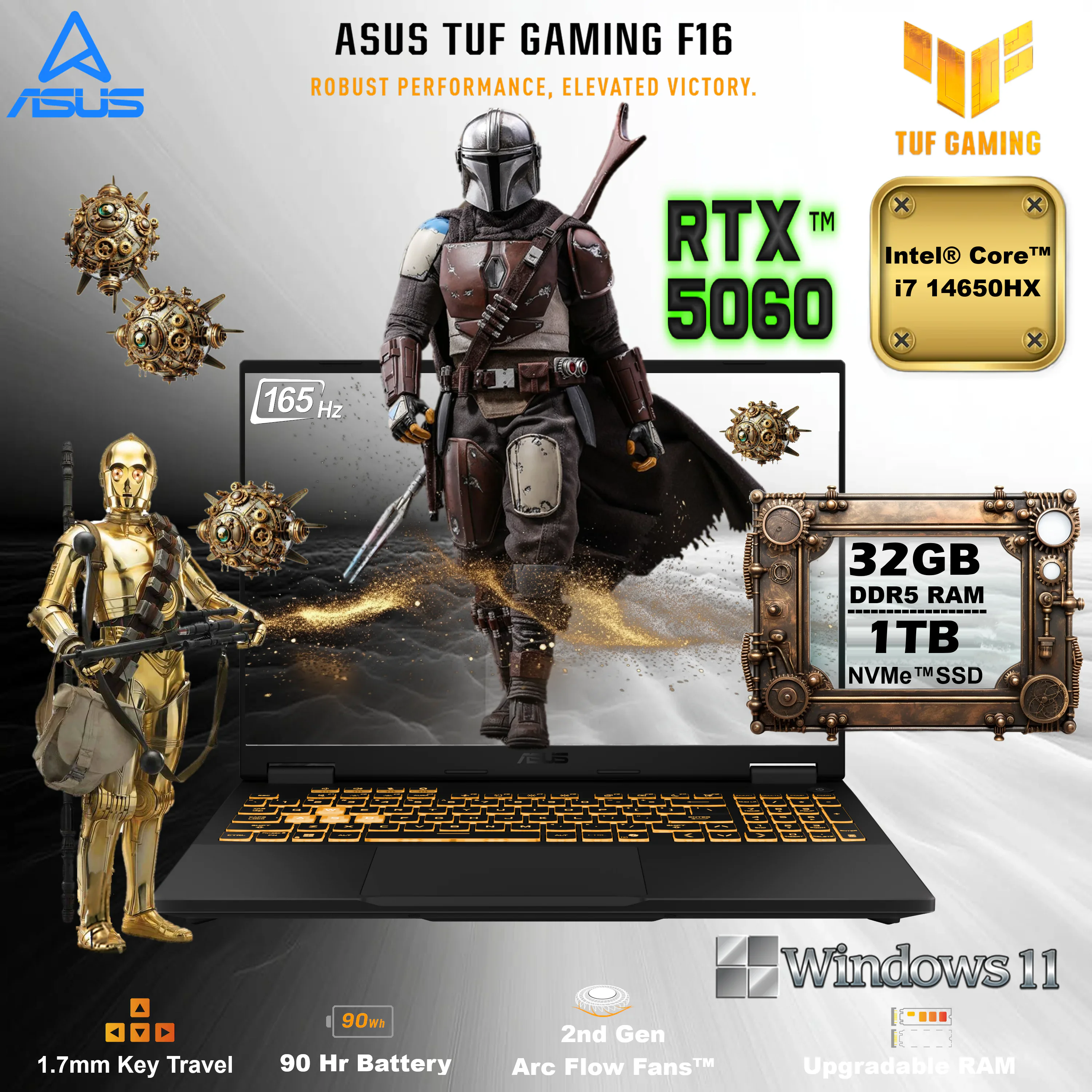FX608JMR-ASUS-TUF-Gaming-F16-2025-RTX™ 5060 90NR0NB1-M003N0 ASUS TUF GAMING F16 FX608 I7-14650HX/1TB/32GB(16*2)/5060 (8gb) WIN11 HOME ASUS TUF Gaming F16 (2025) Intel® Core i7-14650HX | 32GB DDR5 RAM , 1TB NVMe SSD | RTX 5060, 8GB | 16-inch, FHD+ WUXGA 165Hz IPS Display | Backlit Chiclet Keyboard 1-Zone RGB | Windows 11 | JAEGER GREY FX608JMR | 1 YEAR WARRANTY