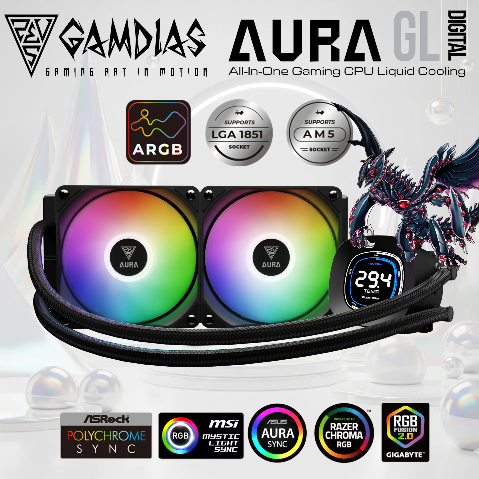 AURA-GL240-DIGITAL-B GAMDIAS AURA GL240 LIQUID COOLER DIGITAL 2xFAN ARGB PWM BLACK Gamdias Aura GL240 Digital Liquid Cooler With 2.1-Inch Real-Time Display, Dual 120mm PWM ARGB Fans, Upgraded Copper Base, 73.7 CFM Airflow, LGA 1851 And AM5 Support | BLACK