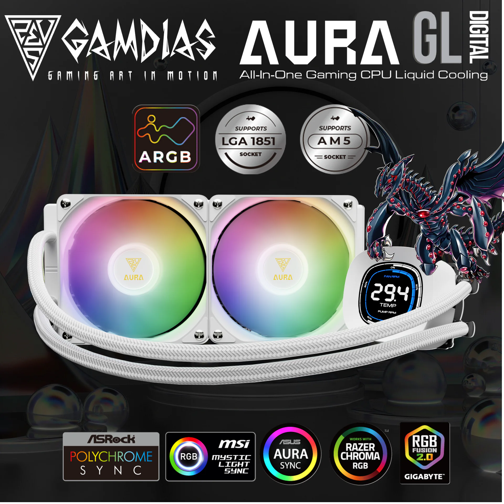AURA-GL240-DIGITAL-W GAMDIAS AURA GL240 LIQUID COOLER DIGITAL 2xFAN ARGB PWM WHITE Gamdias Aura GL240 Digital WH Liquid Cooler With 2.1-Inch Real-Time Display, Dual 120mm PWM ARGB Fans, Upgraded Copper Base, 73.7 CFM Airflow, LGA 1851 And AM5 Support | WHITE
