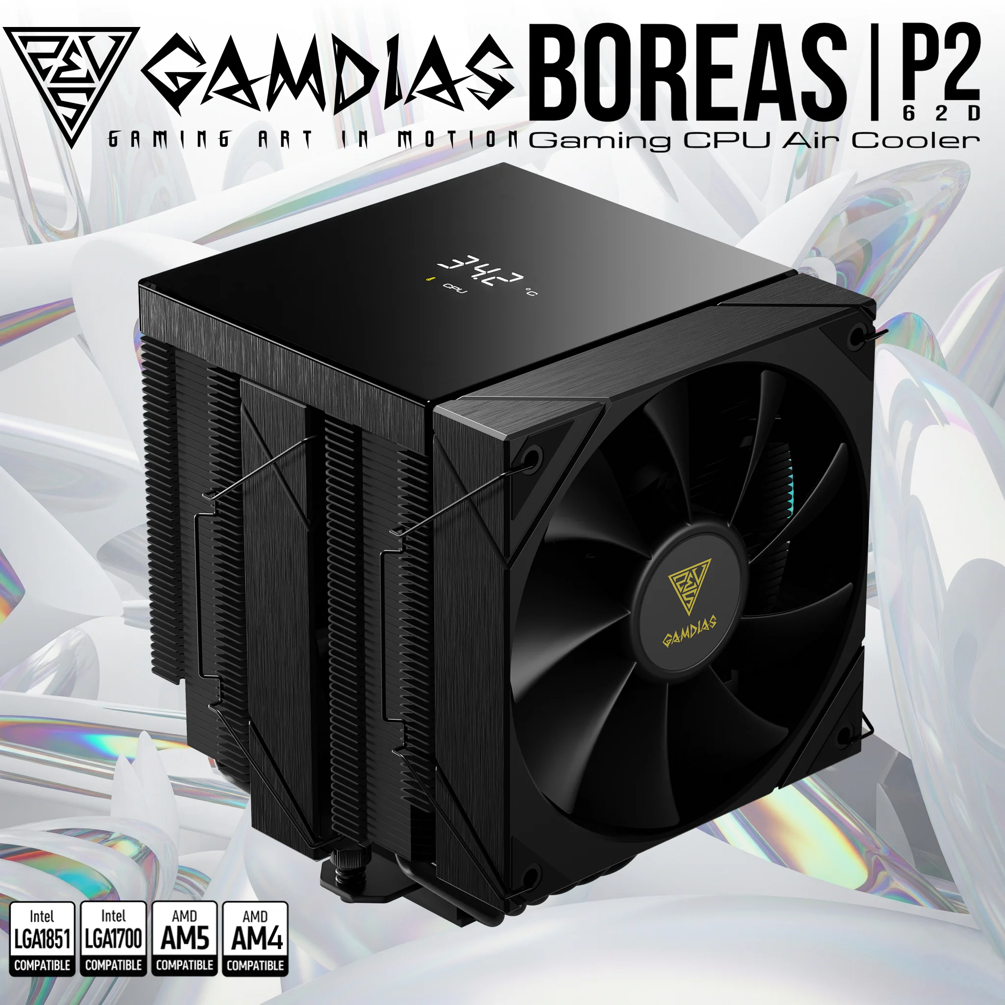 BOREAS-P2-62D-BK GAMDIAS BOREAS P2-62D AIR COOLER DIGITAL 2xFAN PWM 120mm 4PIN BLACK GAMDIAS Boreas P2-62D Dual Tower Air Cooler With Digital Monitor, 6 Copper Heat Pipes, Dual 120mm PWM Fans, 160mm Clearance, ZEUS CAST, LGA1851 & AM5 Support | BLACK 