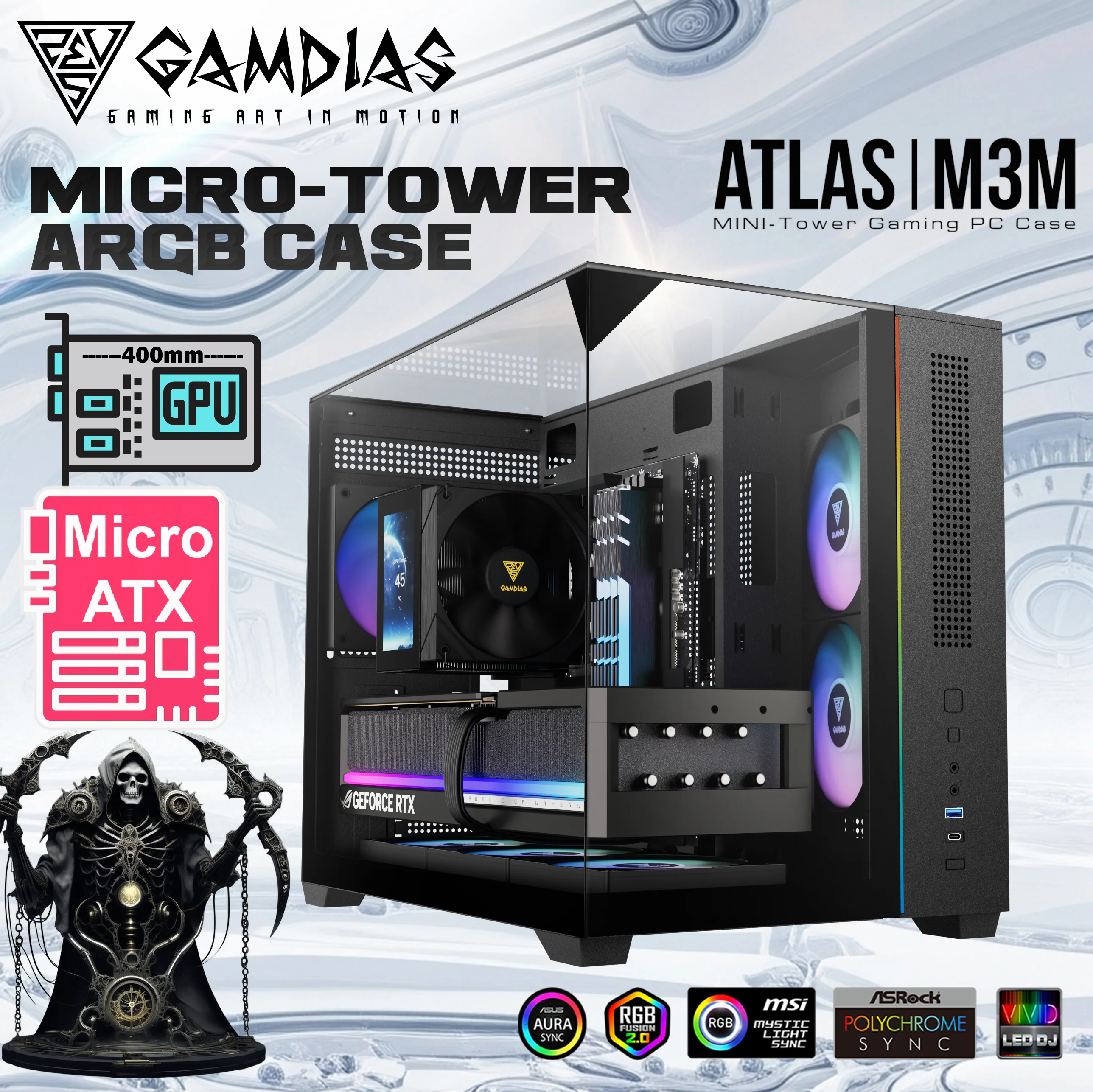 ATLAS-M3M-BK GAMDIAS CASE ATLAS M3M MICRO TOWER M-ATX TGx3 / ARGB 3xFAN 120mm BLACK Gamdias Atlas M3M Micro-Tower Case With Three-Sided Tempered Glass, 3 NOTUS M1 ARGB Fans, 8-Port Hub, Angled Airflow, Gen 2 Type-C, And 400mm GPU Support | BLACK 