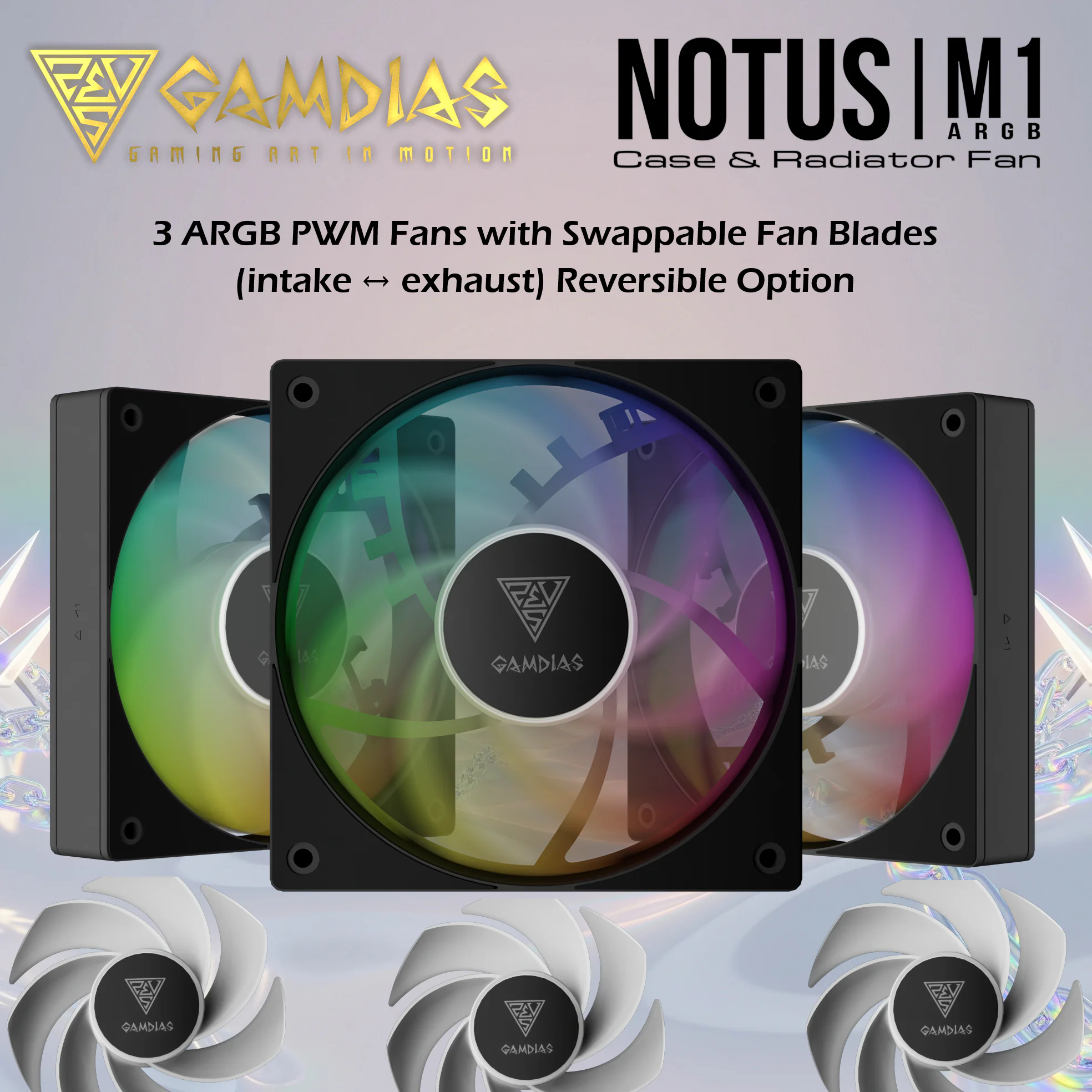 NOCTUS-M1-1203-ARGB GAMDIAS Notus M1-1203 120mm ARGB PWM Fan (3 Pack) BLACK Gamdias Notus M1-1203 ARGB 3-Pack 120mm PWM Fans With 400-1600 RPM, 57.56 CFM Airflow, Hydraulic Bearing, Optional Reversible Blades Included (intake ↔ exhaust) , Low Noise 25dBA, And Motherboard ARGB Sync | BLACK 