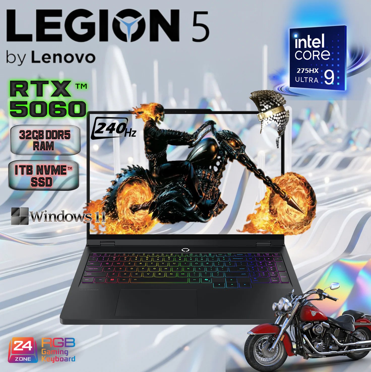 83NX0000US LENOVO LEGION 5I ULTR 9 275HX 32GB/1TB/5060/16"/240HZ LENOVO AI-Powered Legion 5 16IAX10 Intel® Core Ultra 9 275HX | 32GB DDR5 RAM , 1TB SSD NVMe | RTX 5060 , 8GB | 16-inch WQXGA IPS 240Hz Display | 24-Zone RGB Backlit Keyboard | Windows® 11 | Storm Grey