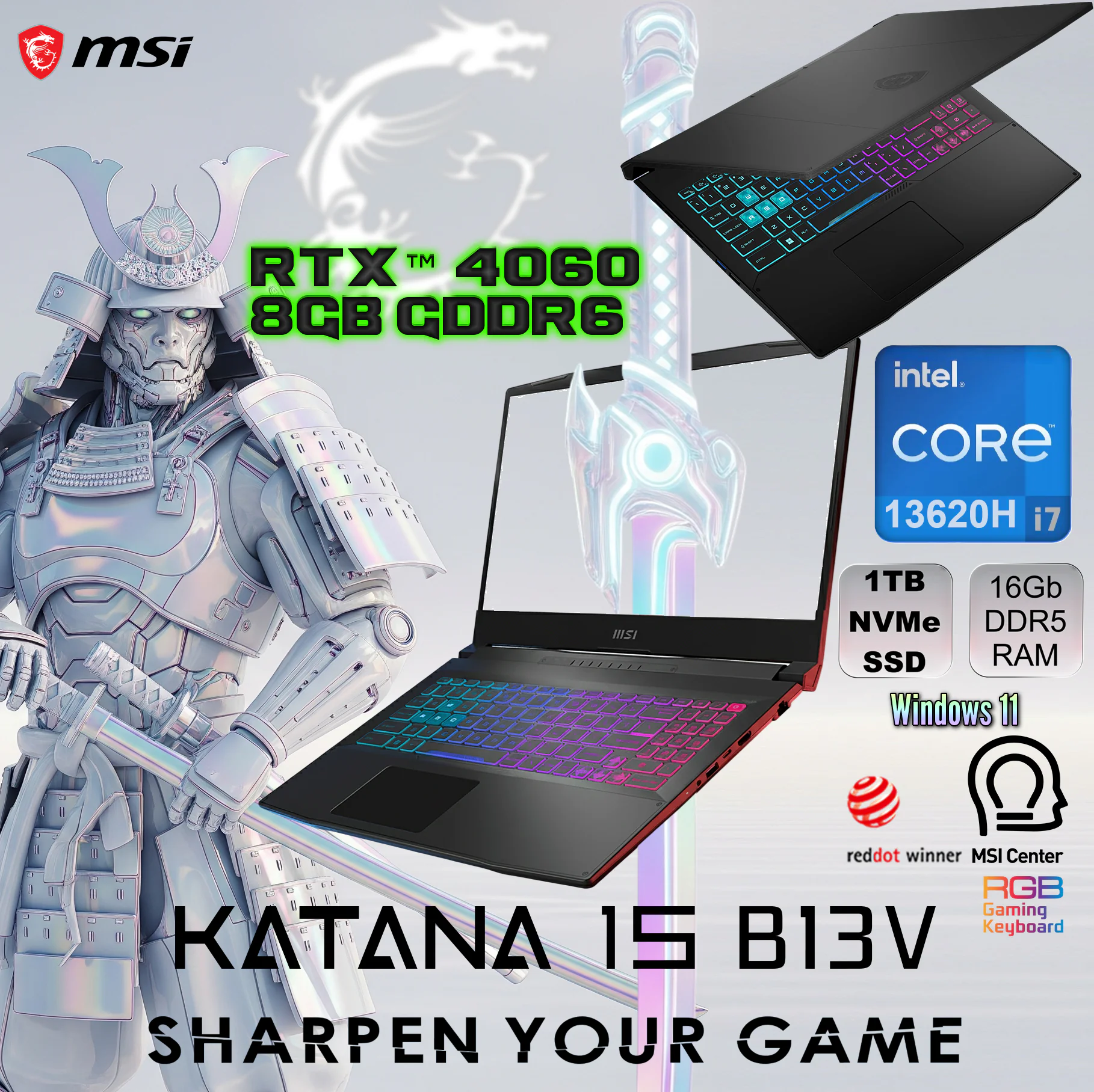 9S7-158571-817 MSI KATANA 15 B13VFK I7-133620H 1TB/16GB/4060 8GB/WIN11 MSI KATANA 15 B13VFK Intel® Core i7-13620H | 16GB DDR5 RAM , 1TB NVMe SSD | GeForce RTX 4060 (8GB) | 15.6-inch FHD, IPS-Display 144Hz | 4 Zone RGB Keyboard | Windows 11 | BLACK 