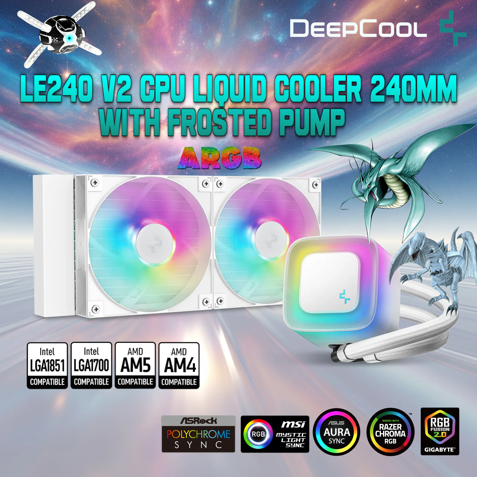 R-LE240-WHAMMN-G-2 DEEPCOOL LE240 V2 LIQUID COOLER 410mm 2xFAN ARGB WHITE DeepCool LE240 WH V2 CPU Liquid Cooler 240mm Radiator With Frosted Pump 2x ARGB Fans Anti-Leak Tech PWM Control Intel LGA1851/1700/1200 AMD AM5/AM4 | WHITE