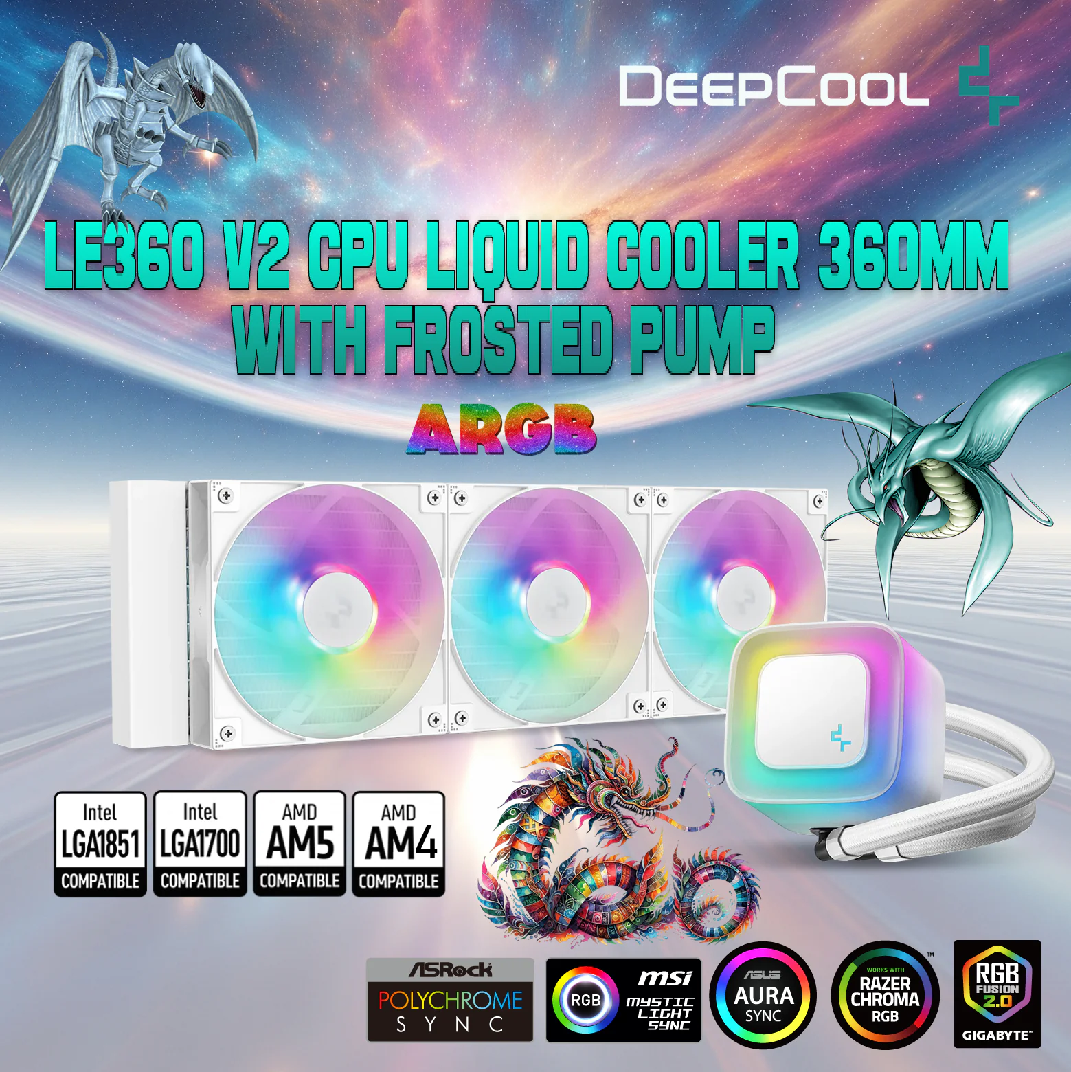 R-LE360-WHAMMN-G-2 DEEPCOOL LE360 V2 LIQUID COOLER 410mm 3xFAN ARGB WHITE DeepCool LE360 WH V2 Liquid CPU Cooler 360mm Radiator With Frosted Pump 3x ARGB Fans Anti-Leak Tech PWM Control Intel LGA1851/1700/1200 AMD AM5/AM4 | WHITE