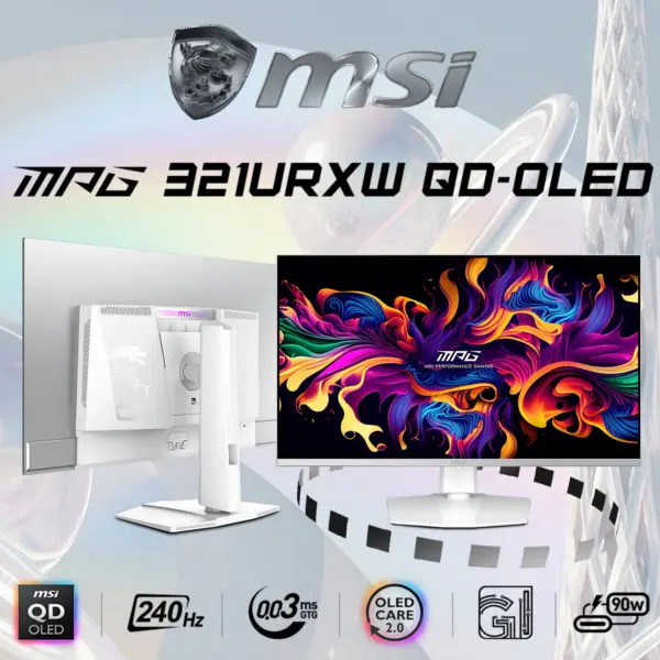 MPG321URXW MSI MPG 321URX QD-OLED 0.03MS 240Hz HDR 4K GAMING MONITOR 9S6-3DD29A-028 MSI MPG 321URXW QD-OLED 32 Inch UHD 3840x2160 Gaming Monitor 240Hz Refresh 0.03ms Response HDR True Black 400 ClearMR 13000 HDMI 2.1 G-Sync OLED Care 2.0 , Adjustable Hight & Tilt | WHITE & SILVER 