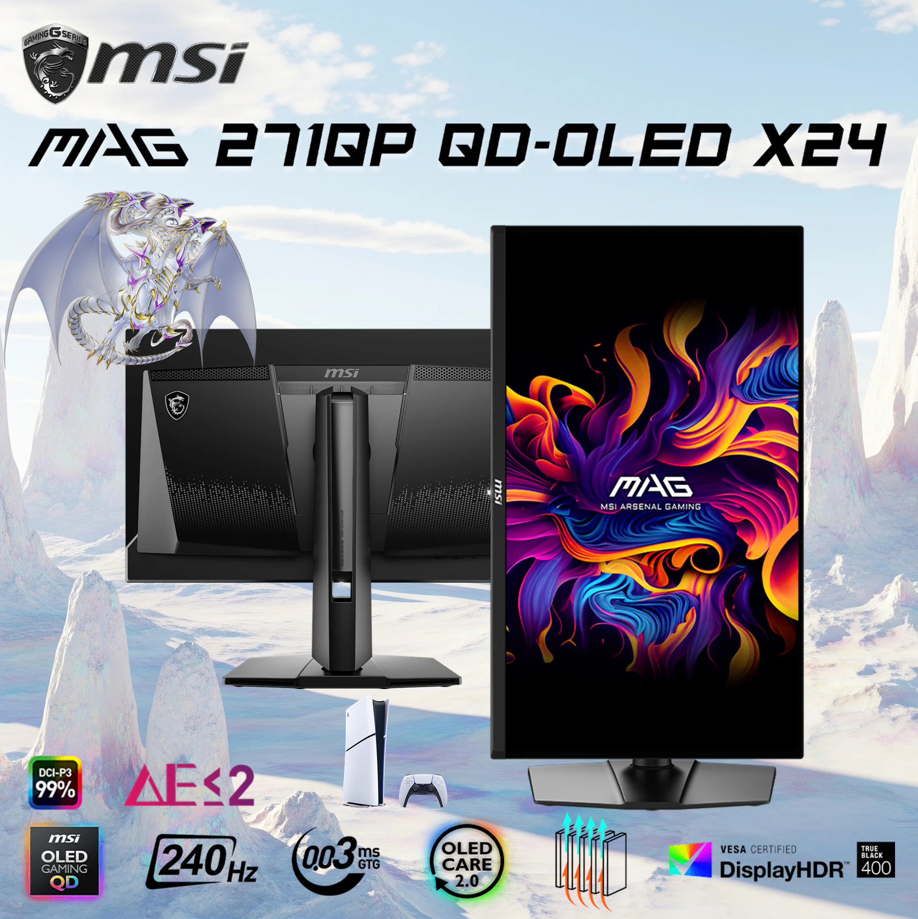 271QP X24 MSI MAG 271QP QD-OLED X24 26.5" 240Hz 0.03MS WQHD GAMING MONITOR 9S6-3CD89T-030 MSI MAG 271QP QD-OLED X24 26.5 inch WQHD Gaming Monitor – QD-OLED Panel, 240Hz, 0.03ms GTG, HDR True Black 400, ClearMR 13000, HDMI 2.1, OLED Care 2.0 , Full Adjustability (Height/Pivot/Swivel/Tilt)