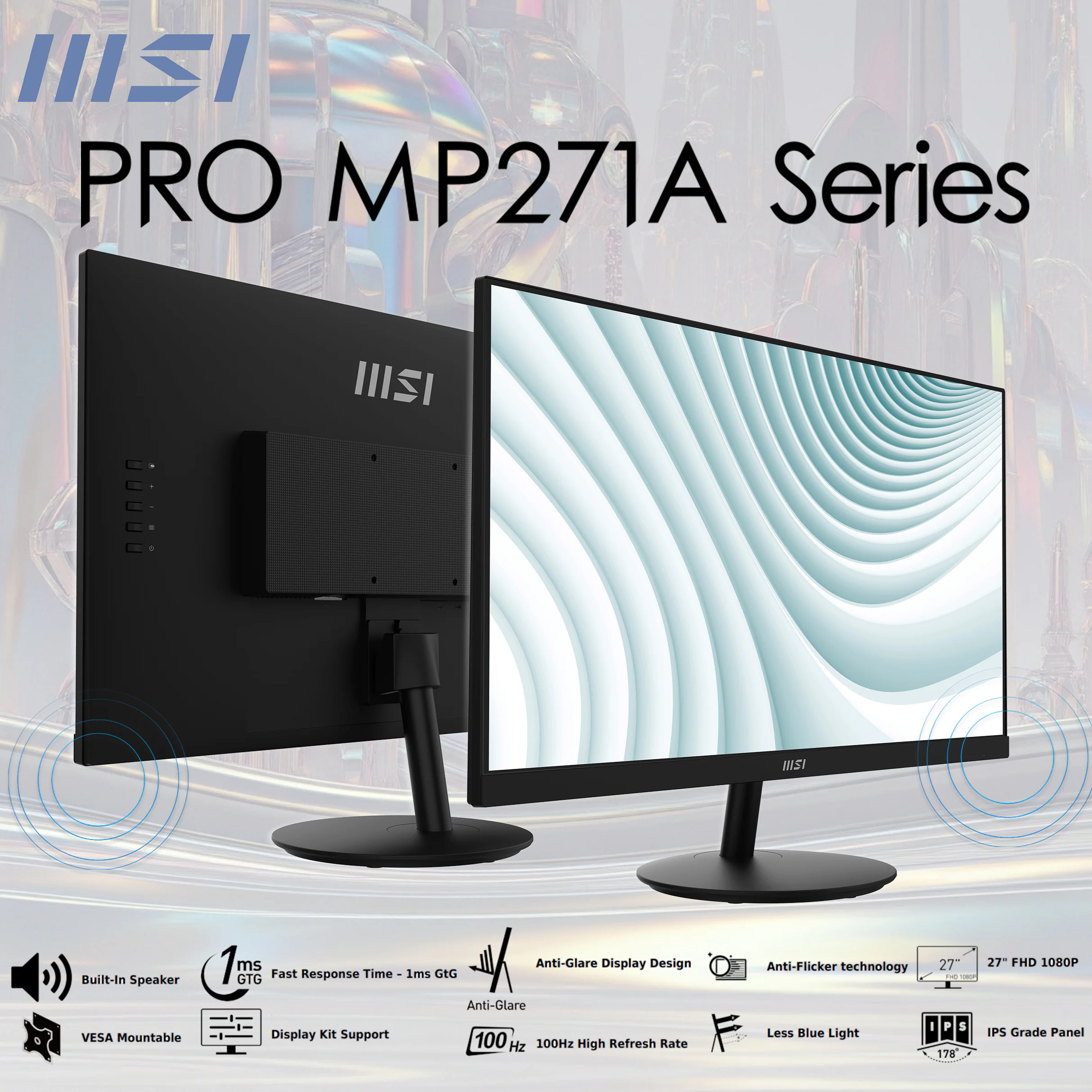 MSI PRO MP271A MSI-MP271A MSI MP271A SCREEN 27 100HZ MSI PRO MP271A 27-Inch FHD IPS Monitor With 100Hz Refresh Rate, 1ms Response, Eye Care Tech, Built-In Speakers, HDMI DisplayPort VGA, VESA Mount And Ergonomic Tilt