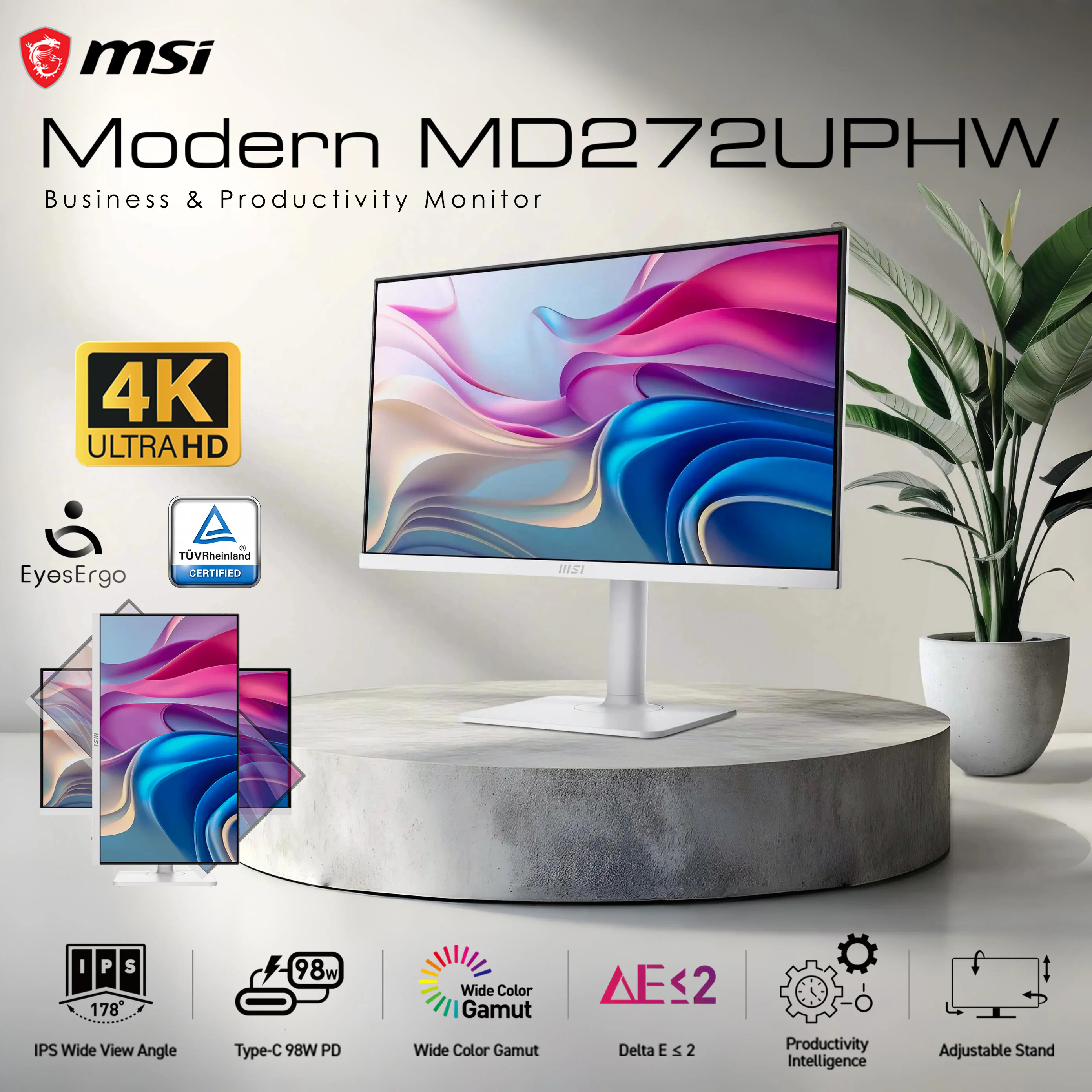 Modern MD272UPHW MSI Modern MD272UPHW 27 Inch 4K UHD IPS Business Monitor – ΔE ≤ 2, 97% DCI-P3, USB-C 98W PD, KVM, PIP/PBP, TÜV EyesErgo, 4-Way Ergonomic Stand, Dual Speakers, VESA Mount