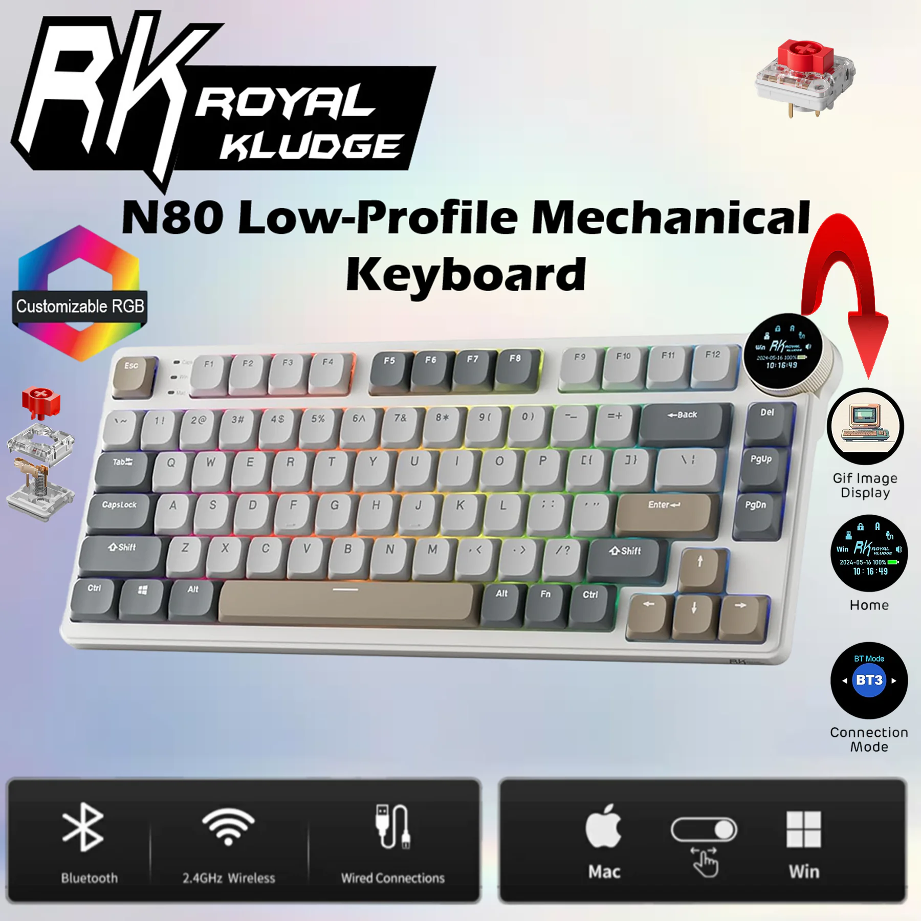RKN80-PEARLY-RED RK ROYAL KLUDGE N80 75% Low-Profile Mechanical Keyboard – Smart Display, Knob, Tri-Mode Wireless, RGB Backlit, Hot-Swap Red/Brown Switches, 3750mAh Battery , Software Support, 75% Top Mount 80 Keys |  Quiet Red Switch