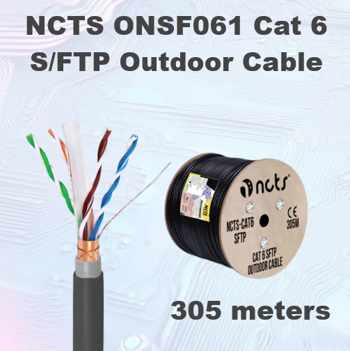 SFTP-CAT6-INDOOR SFTP NCTS CAT6 INDOOR 305M NCTS ONSF061 Cat 6 S/FTP Outdoor Cable, 4P 23AWG 0.58mm CCA, 250MHz, UV Resistant LDPE Jacket, Foil And Braided Shielding, CMR Rated, 305m Wooden Reel Black