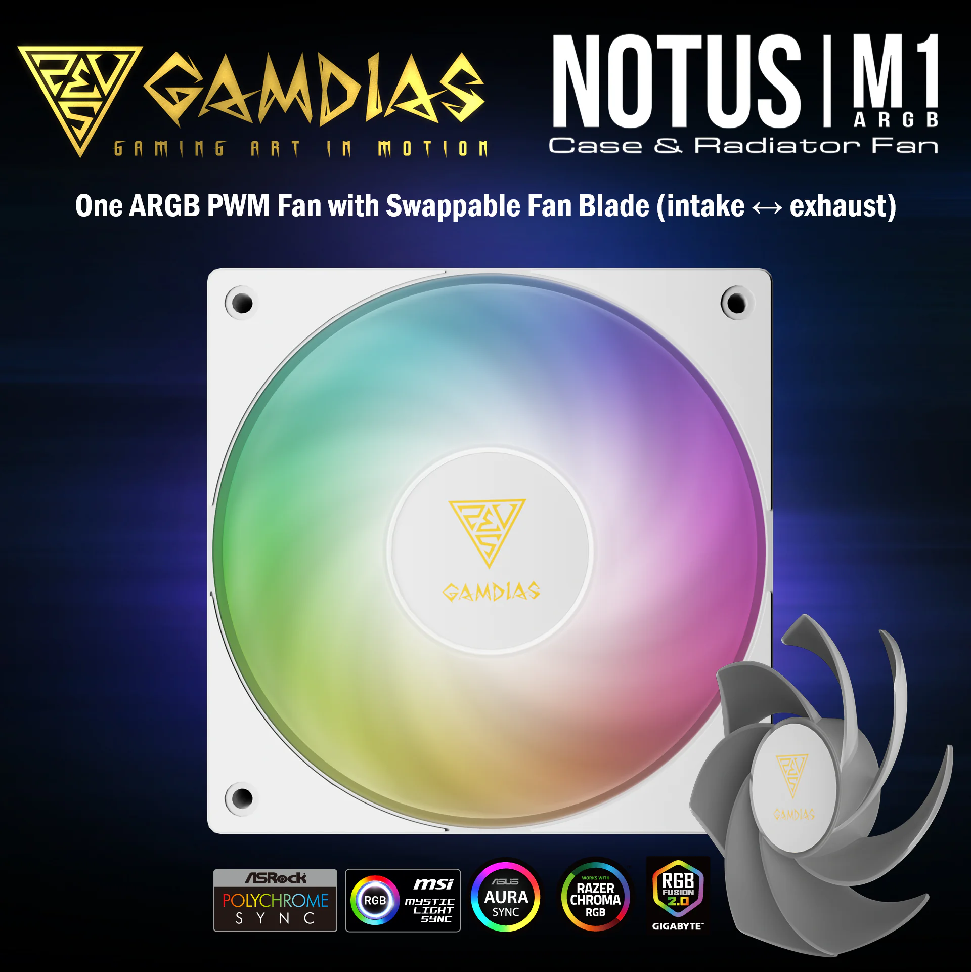 NOCTUS-M1-1201-WH GAMDIAS NOTUS M1-1201 WHITE 120MM ARGB SINGLE FAN X 1 Gamdias Notus M1-1201 WH ARGB 120mm PWM Fan With 400-1600 RPM, 57.56 CFM Airflow, Hydraulic Bearing, Reverse Blade Swappable Option (intake ↔ exhaust), Low Noise 25dBA, And Motherboard ARGB Sync | WHITE