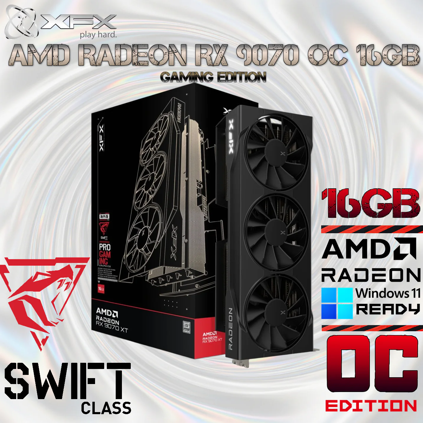 RX-97SWFB3B9 XFX SWIFT AMD RADEON RX 9070 OC 16GB 3xDP G6 XFX Swift AMD Radeon RX 9070 OC Triple Fan Gaming Edition With 16GB GDDR6, PCIe 5.0, 2700MHz Boost, RDNA 4, Raytracing, AI Upscaling, HYPR-RX & FreeSync , AMD & Windows Ready 