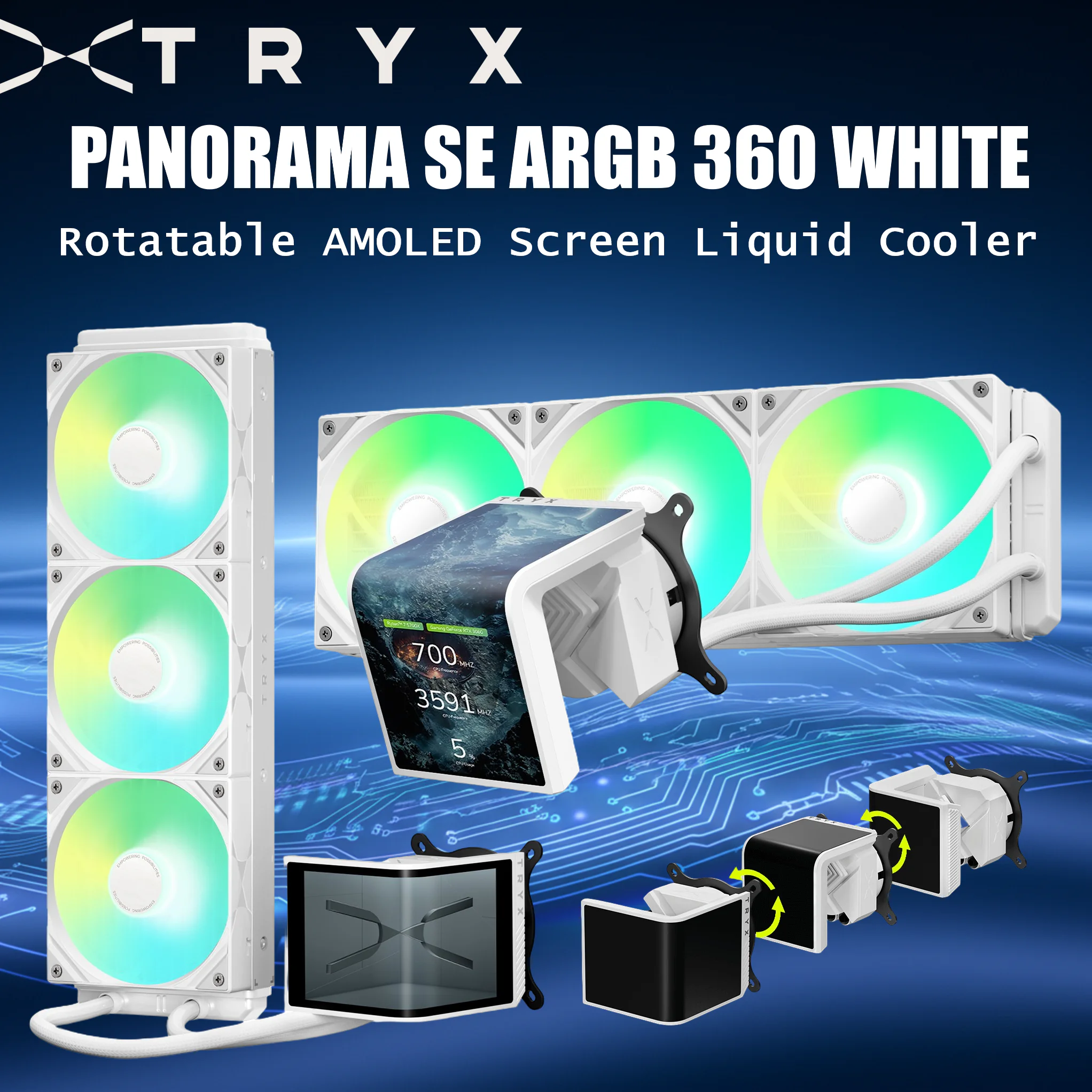 L-P360L-AM3M-G0W PANORAMA SE 360 ARGB LIQUIED COOLER x3 FANS 6.5" 2K CURVED DISPLAY WHITE TRYX Panorama SE ARGB 360 White Liquid Cooler With Rotatable 6.67 Inch AMOLED Screen, 2K 60Hz Display, ASETEK Adela 280W Cooling, ROTA ARGB Fans, And Broad CPU Support | WHITE 