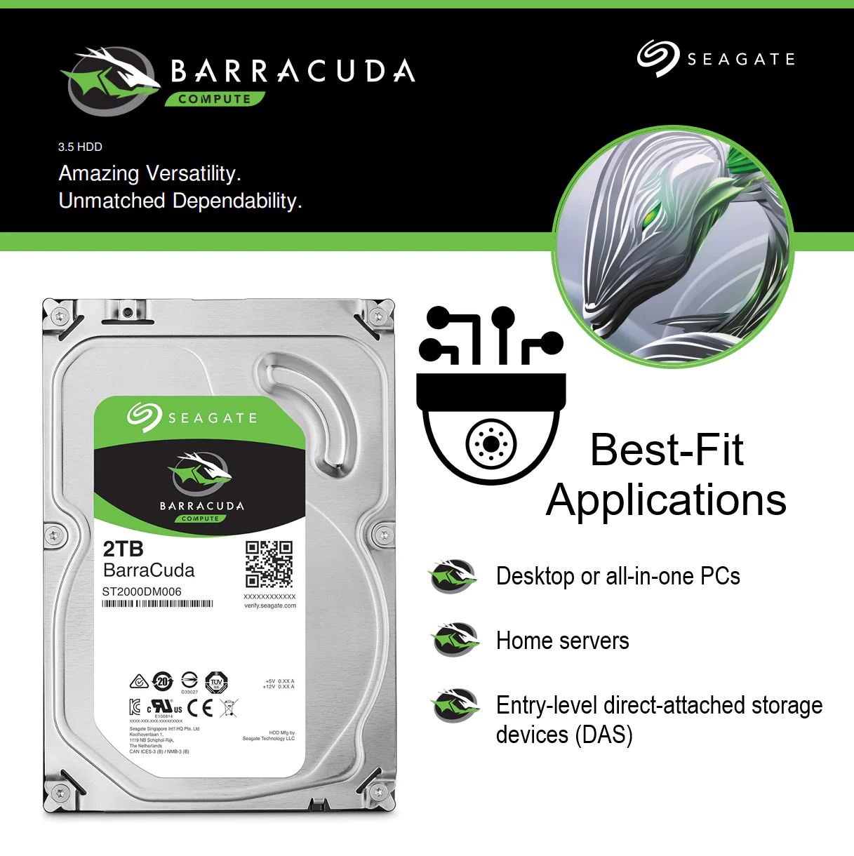 STM2000DM006 SEAGATE BARRACUDA COMPUTE 2TB HDD Seagate BarraCuda 2TB 3.5" HDD – 7200 RPM, 64MB Cache, 210MB/s Transfer Speed, SATA 6Gb/s Interface, 55TB/Year Workload, Reliable Desktop Storage | ST2000DM006