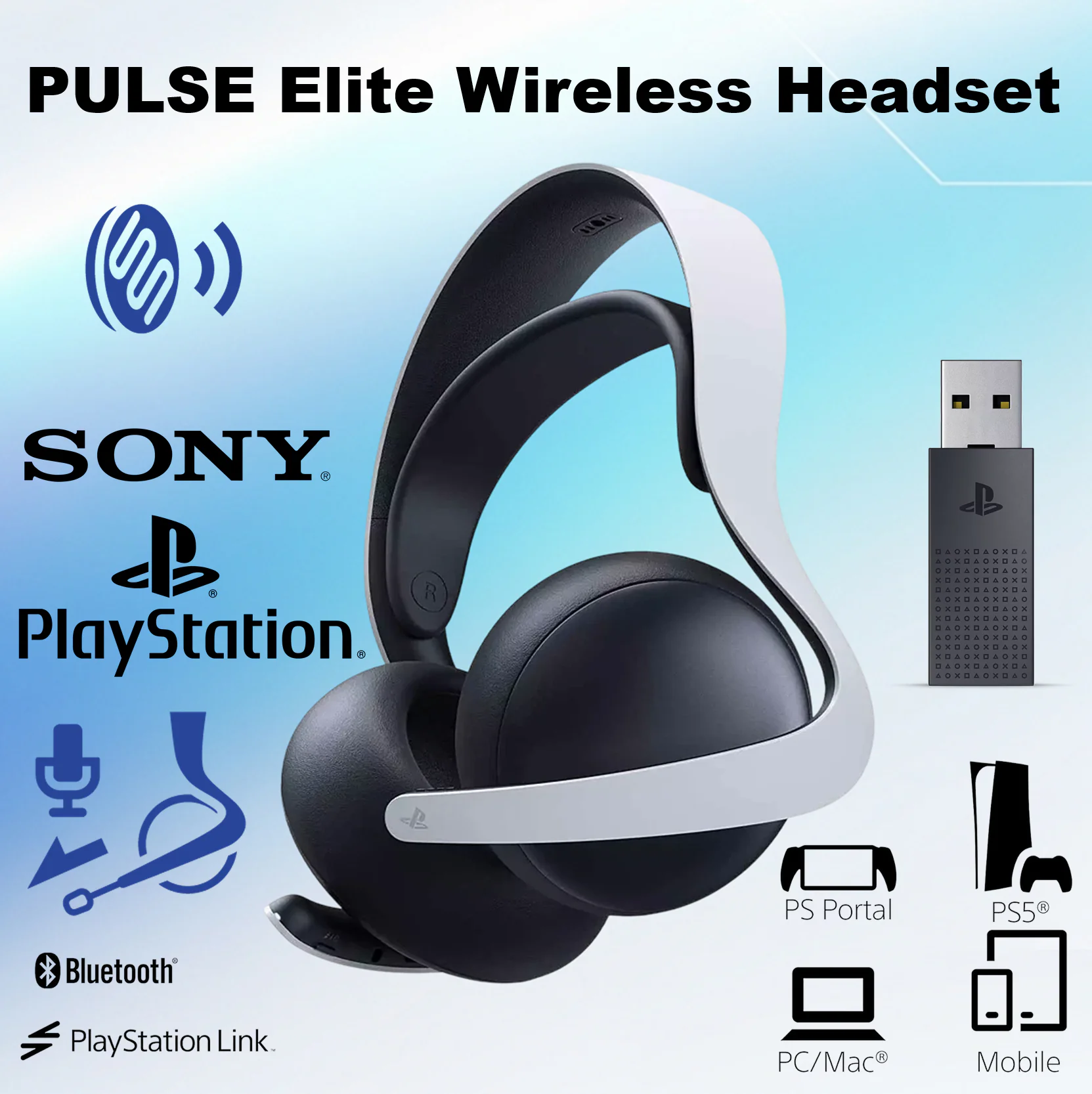 SONY-PULSE-ELITE-OB SONY PULSE ELITE WIRELESS HEADSET FOR PS5/PC/MAC/MOBILE-OPEN BOX  Sony PULSE Elite Wireless White Headset – Planar Magnetic Drivers, PlayStation Link Ultra-Low Latency, 30H Battery, AI Noise Rejection, Dual Device Bluetooth , PS5®, PS4™, PC, Mac®, PlayStation Portal™, Bluetooth® devices Compatibility