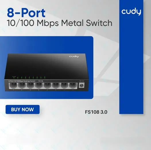 CUDY FS108 8-Port 10/100Mbps Desktop Switch FS108 3.0 With Metal Casing, Low Power Consumption, RJ45 Fast Ethernet Ports, Desktop Or Wall-Mount Design