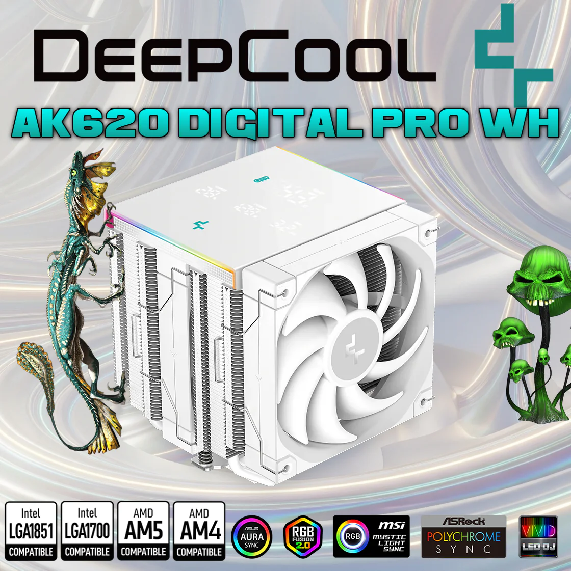 R-AK620-WHAPMN-G DEEPCOOL AK620 DIGITAL PRO AIR COOLER ARGB LGA2066 WHITE DEEPCOOL AK620 DIGITAL PRO WH CPU ARGB Air Cooler : Temperature Alerts Digital Display ; ARGB Strips ; 60.89 CFM up to 1750 RPM ; 120mm Silent PWM Fan ; 6 Advanced Copper Heat Pipes ; Dual-tower Heatsink | WHITE