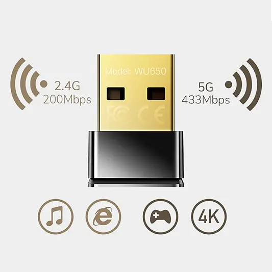 CUDY AC650 Wireless Dual-Band Wi-Fi Nano USB Adapter WU650 1.0 With 433Mbps 5GHz, 200Mbps 2.4GHz, Compact Design, Soft-AP Mode, Multi-OS Compatibility