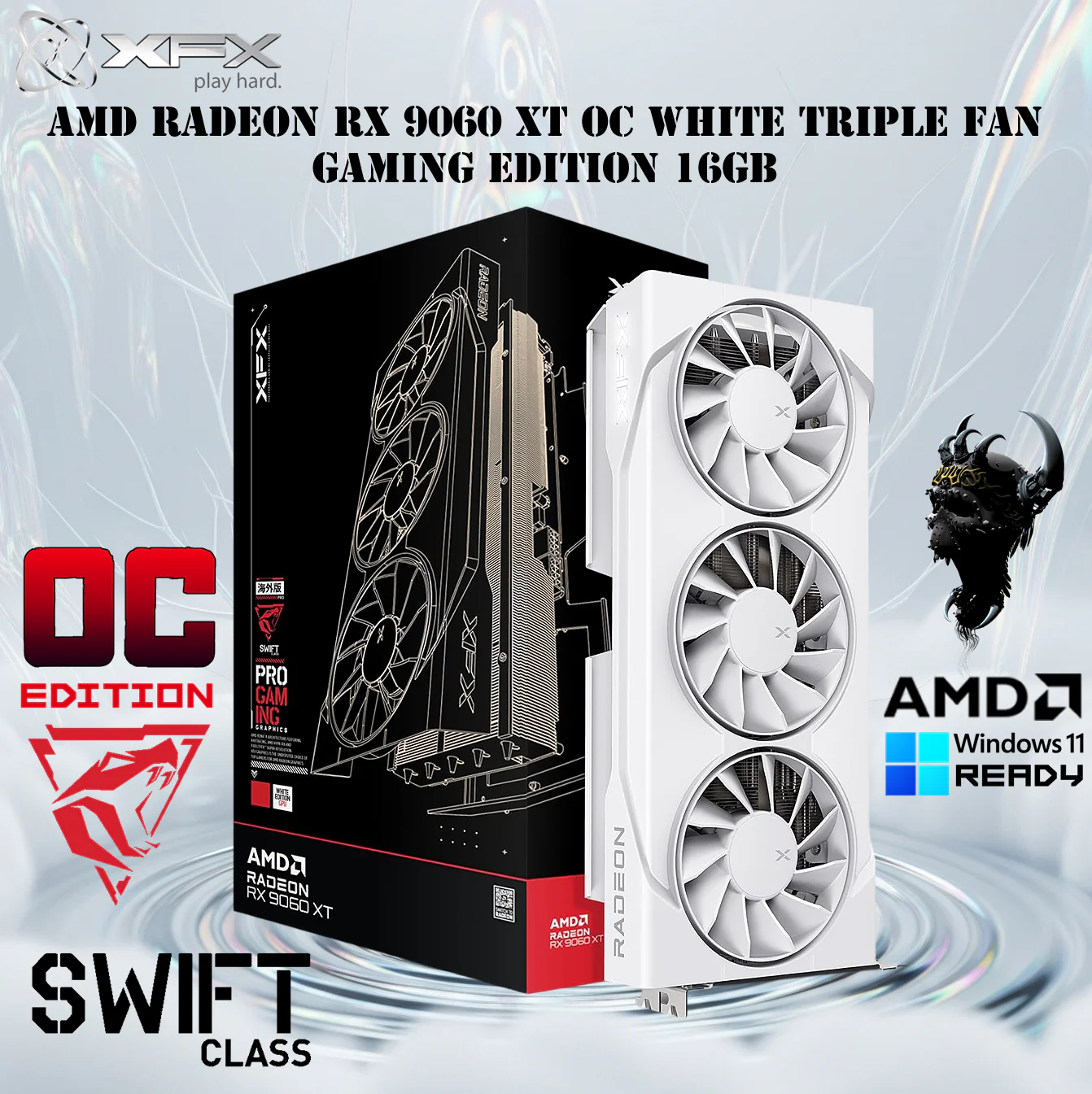 RX-96TS316W7 XFX SWIIFT AMD RADEON RX 9060XT OC WHITE 3 FAN 16GB XFX Swift AMD Radeon RX 9060 XT OC White Triple Fan Gaming Edition 16GB GDDR6 | 3320 MHz Boost ; 2048 Stream Processors | PCIe 5.0 | RDNA 4 Raytracing & AI | 1 x HDMI 2.1 2 x DisplayPort 2.1 
