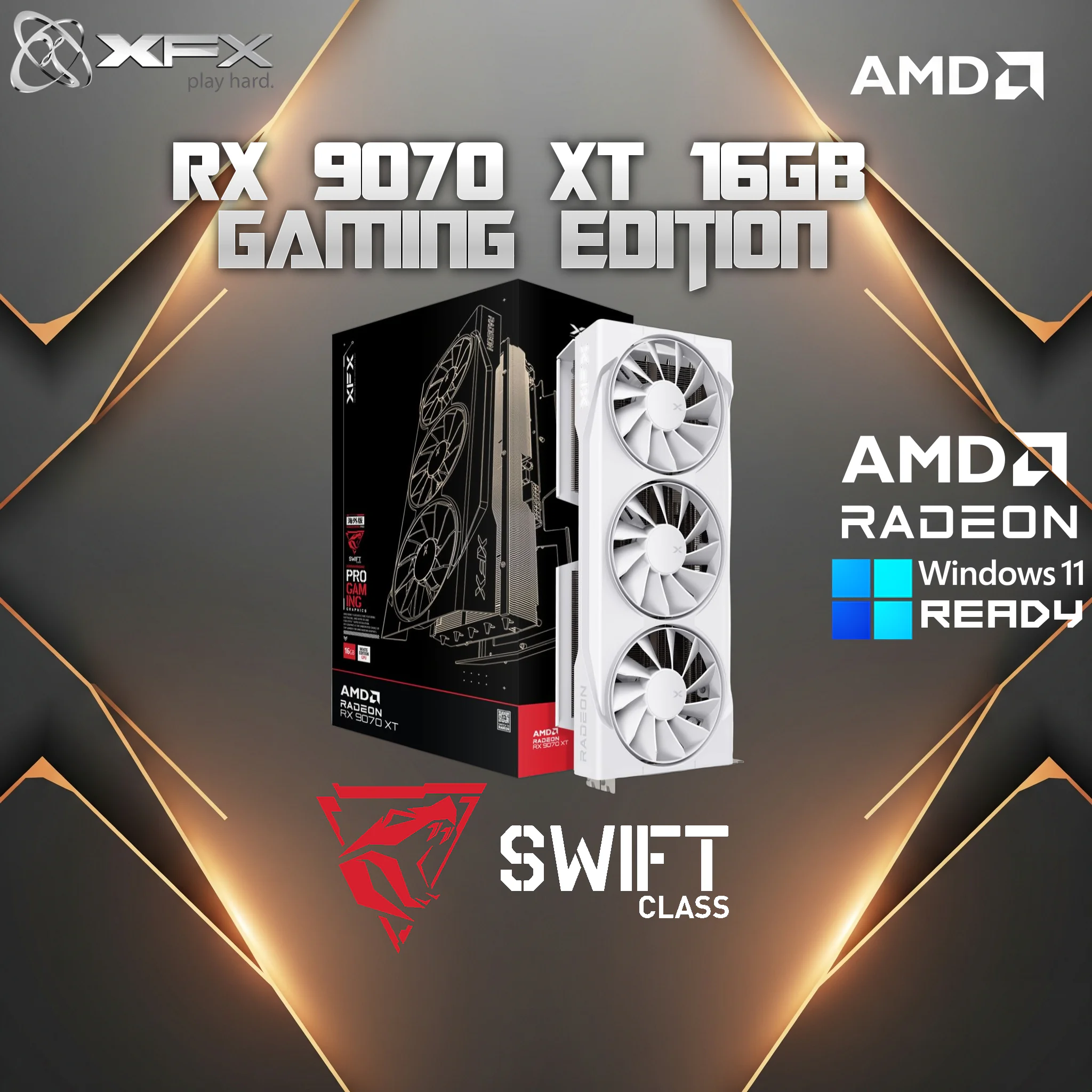 XFX Swift AMD Radeon RX 9070XT White Triple Fan Gaming Edition RX-97TSWF3W9 RX-97TSWF3W9 XFX SWIFT AMD RADEON RX 9070XT 16GB WHITE 3XDP G6 XFX Swift AMD Radeon RX 9070XT White Triple Fan Gaming Edition With 16GB GDDR6, PCIe 5.0, 2970MHz Boost Clock, RDNA 4, Raytracing, AI Upscaling & HYPR-RX , AMD & Windows Ready | WHITE