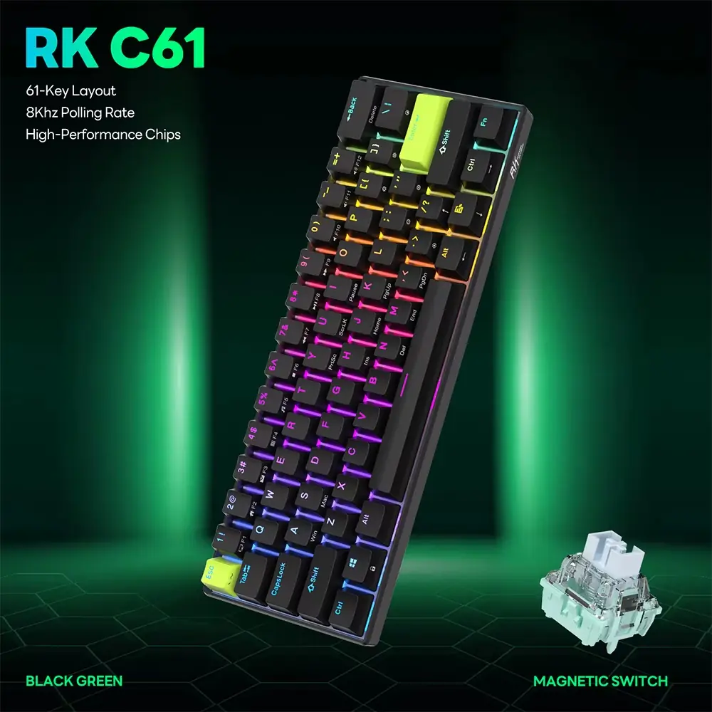 RK ROYAL KLUDGE RK C61 61 Keys Mint Switch Black Green RGB Wired 60% Magnetic Switch Gaming Keyboard, 8000Hz Polling, Hot-Swappable, Web Driver Customization