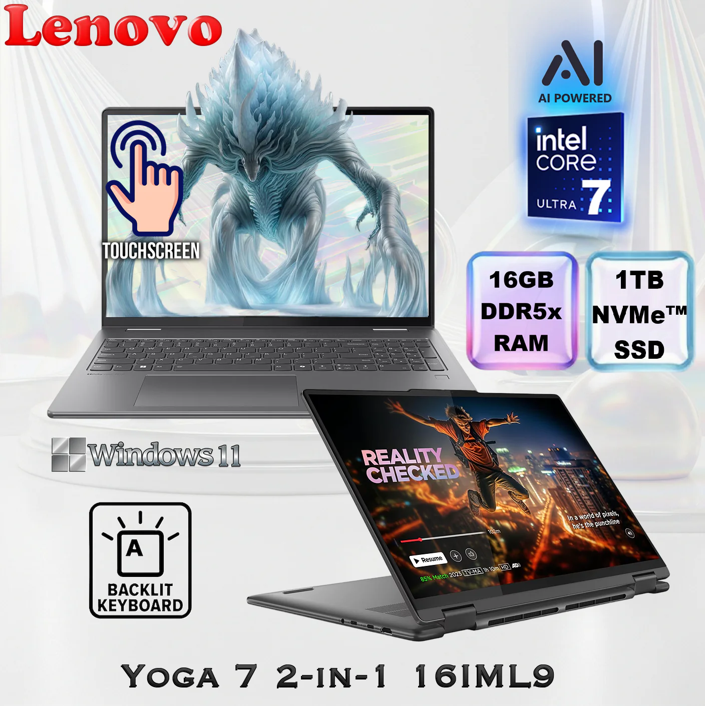 83DL0002US LENOVO YOGA 7I 2-IN-1 16" 2K 16GB/1TB CORE ULTRA 7 155U TOUCHSCREEN LAPTOP WIN 11 HOME Lenovo AI PC Yoga 7 2-in-1 16IML9 Intel® Core Ultra 7 155U ; 11 NPU TOPS | 16GB DDR5x RAM ; 1TB NVMe® SSD | 16-inch WUXGA IPS TouchScreen | Backlit Keyboard | Windows® 11 | Storm Grey 