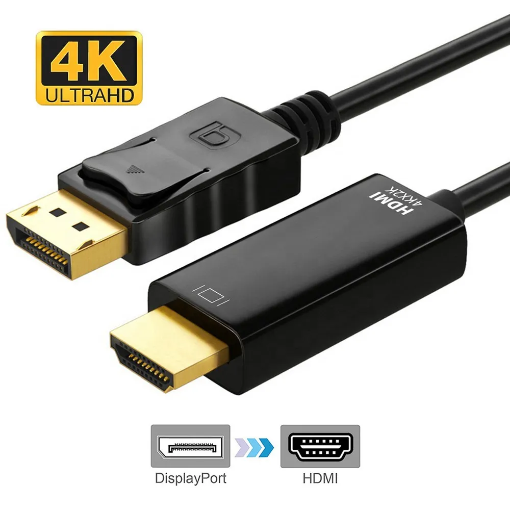 DP-HDMI-BOXED CABLE DISPLAY DP TO HDMI 4K 1.8 meters , 4K@60Hz , 3084*2160 , 2.0 HD , 100M Optical ,  DisplayPort To HDMI 4K Cable 1.8 meters High-Speed 18Gbps 3840x2160@60Hz 2.0 HD Audio/Video, Dual-Mode DP++, Durable PVC, Gold-Plated Connectors, for PC - PS3/4 - Laptop - TV - Monitor - Projector | BLACK
